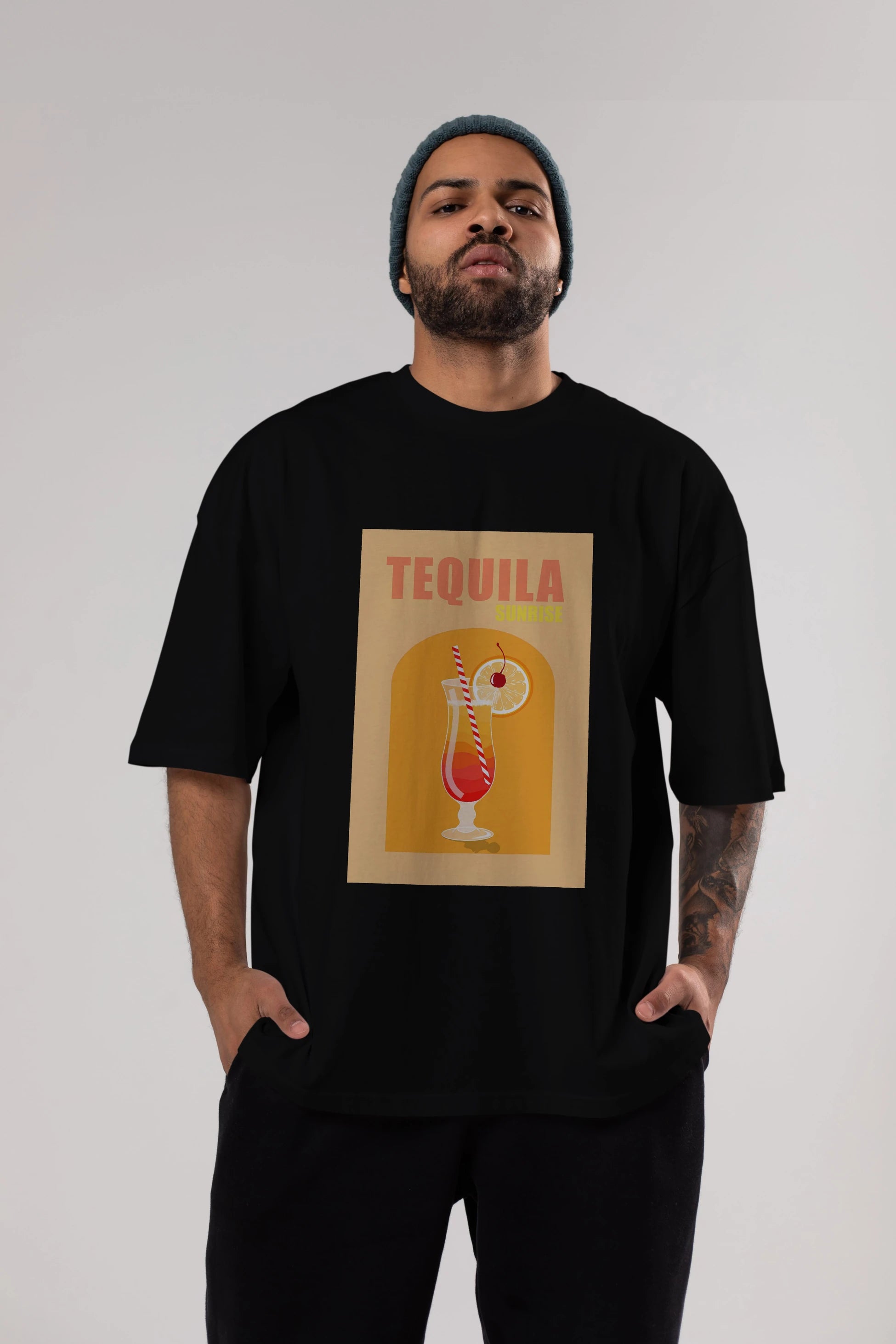 Tequila Sunrise Ön Baskılı Oversize t-shirt Erkek Kadın Unisex %100 Pamuk Bisiklet Yaka tişort