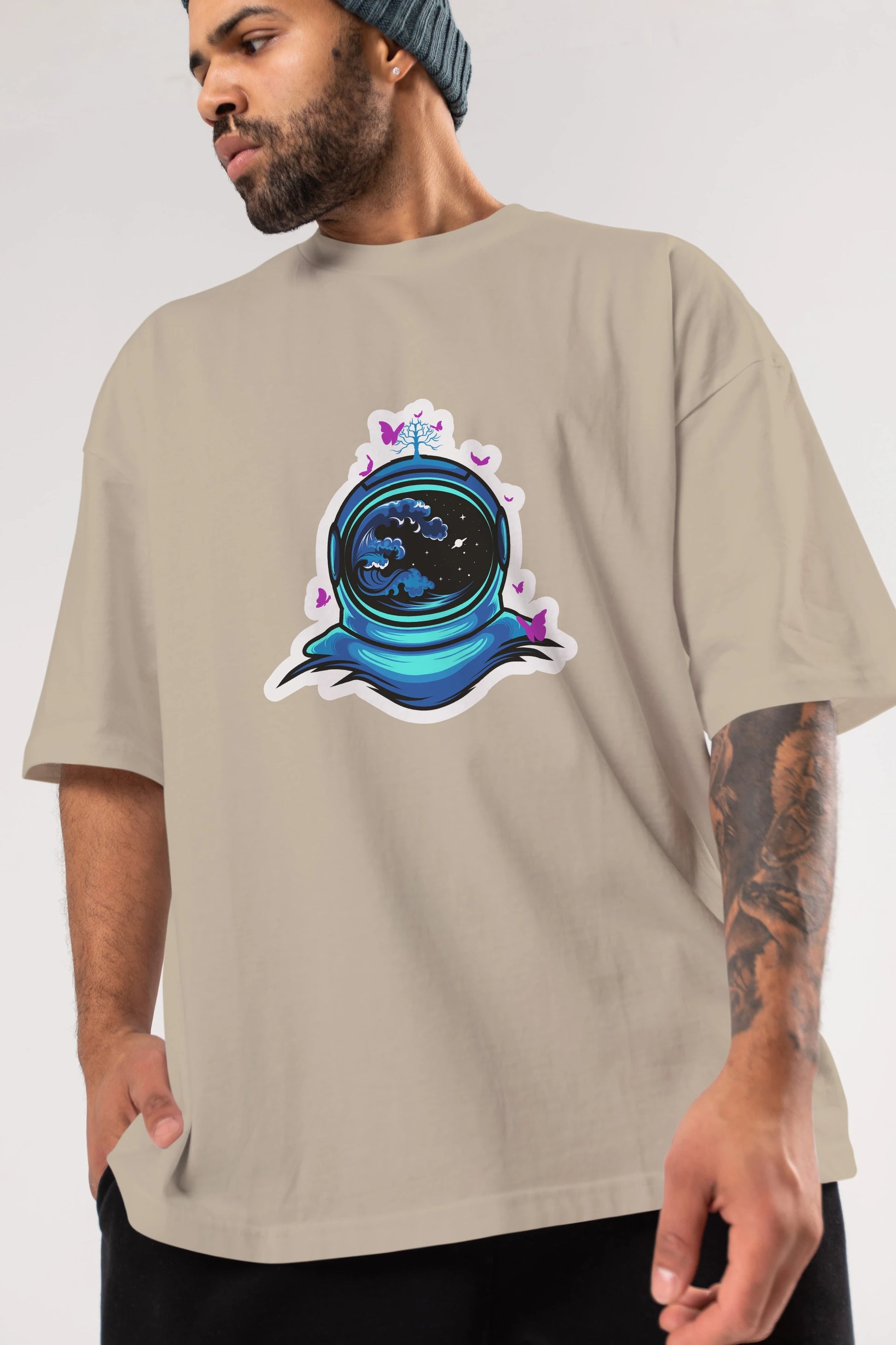 Astronaut and Butterfly Sticker Ön Baskılı Oversize t-shirt Erkek Kadın Unisex