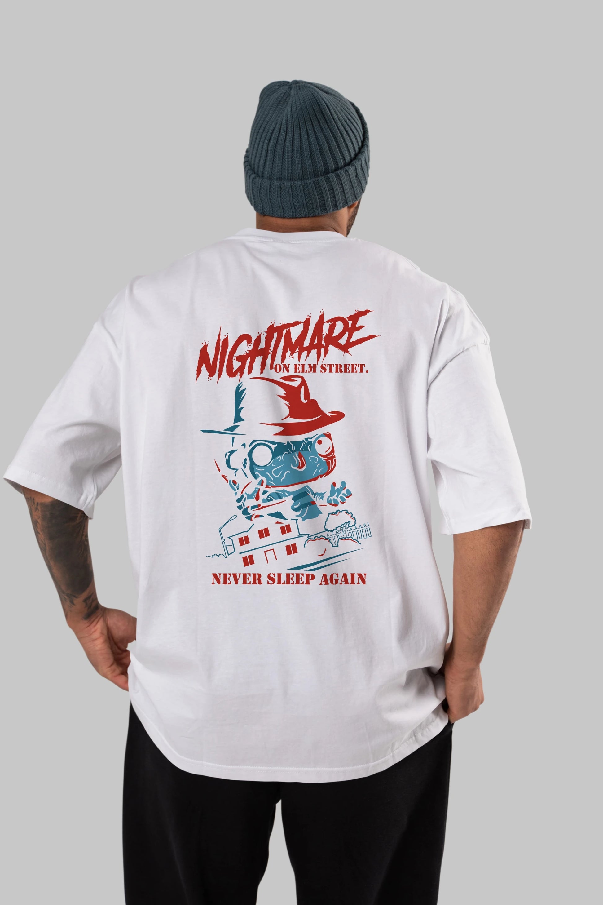 Nightmare Elm Sokağı Arka Baskılı Oversize t-shirt Erkek Kadın Unisex %100 Pamuk Bisiklet Yaka tişort