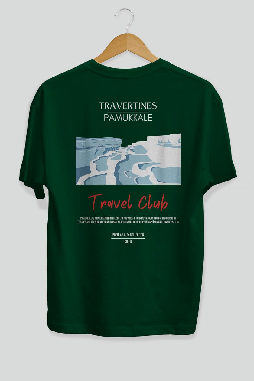 Travertines Pamukkale Arka Baskılı Oversize t-shirt Erkek Kadın Pamuk Bisiklet Yaka tişort