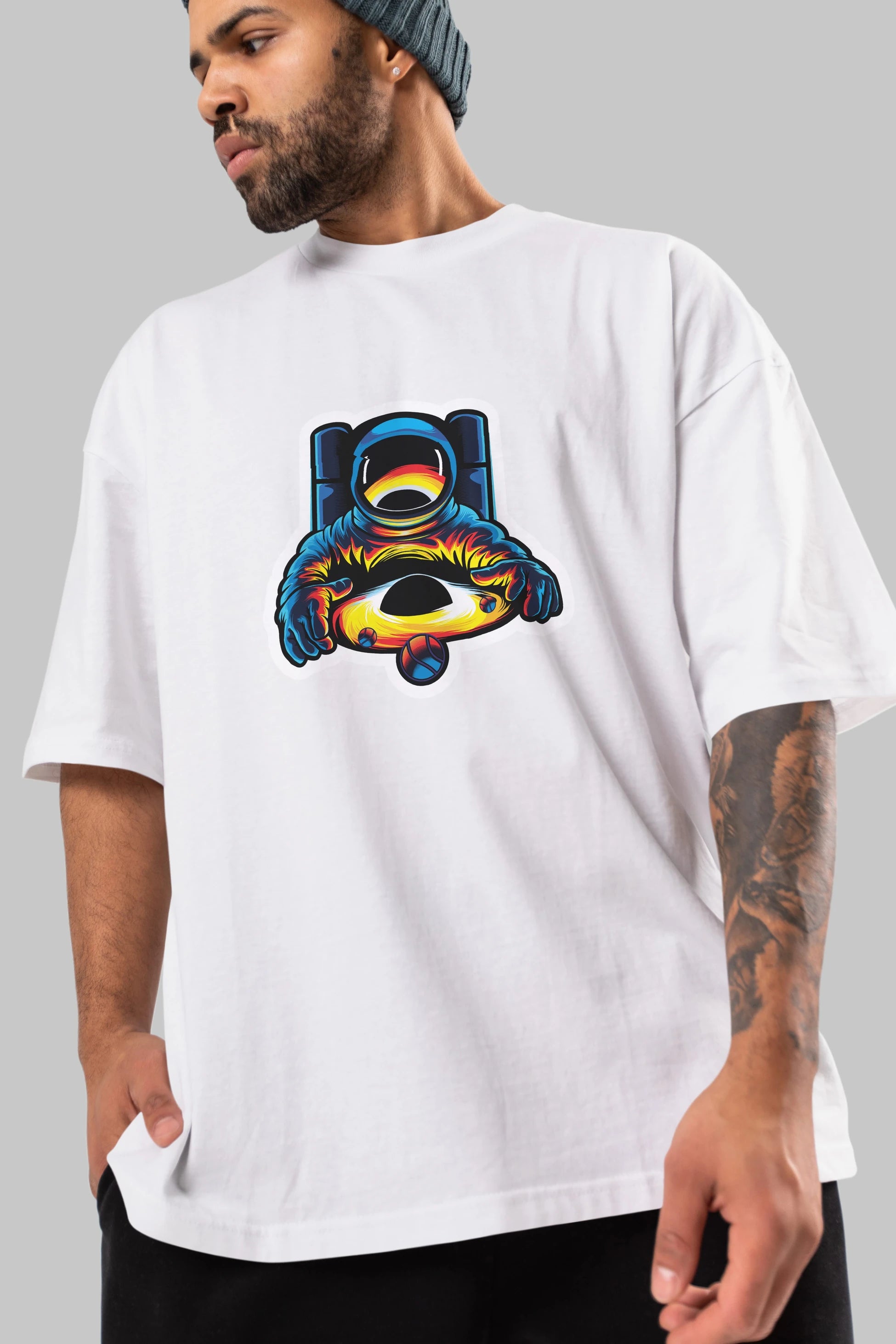 Astronaut & Black Hole Sticker Ön Baskılı Oversize t-shirt Erkek Kadın Unisex