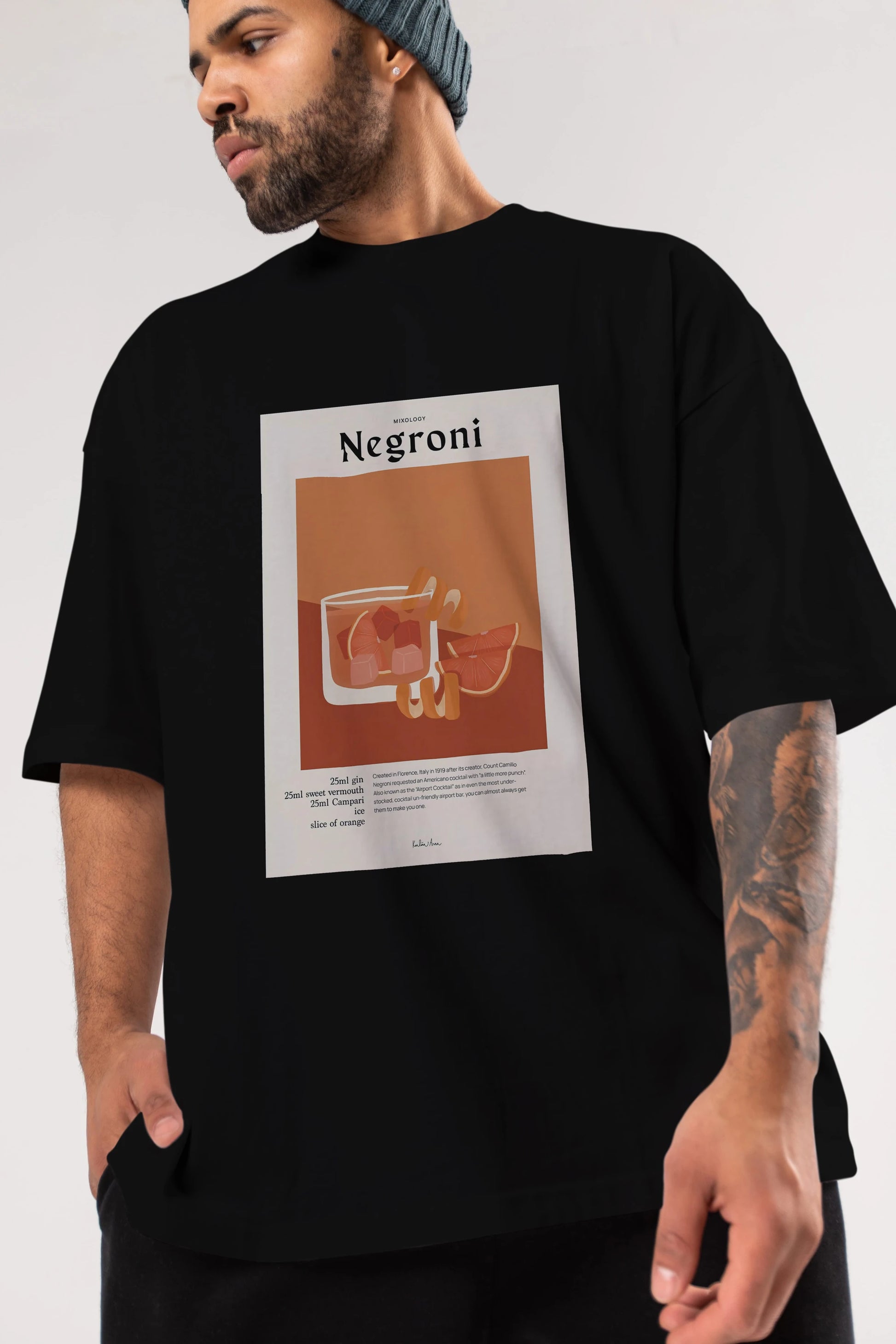 Mixology Negroni Ön Baskılı Oversize t-shirt Erkek Kadın Unisex %100 Pamuk Bisiklet Yaka tişort