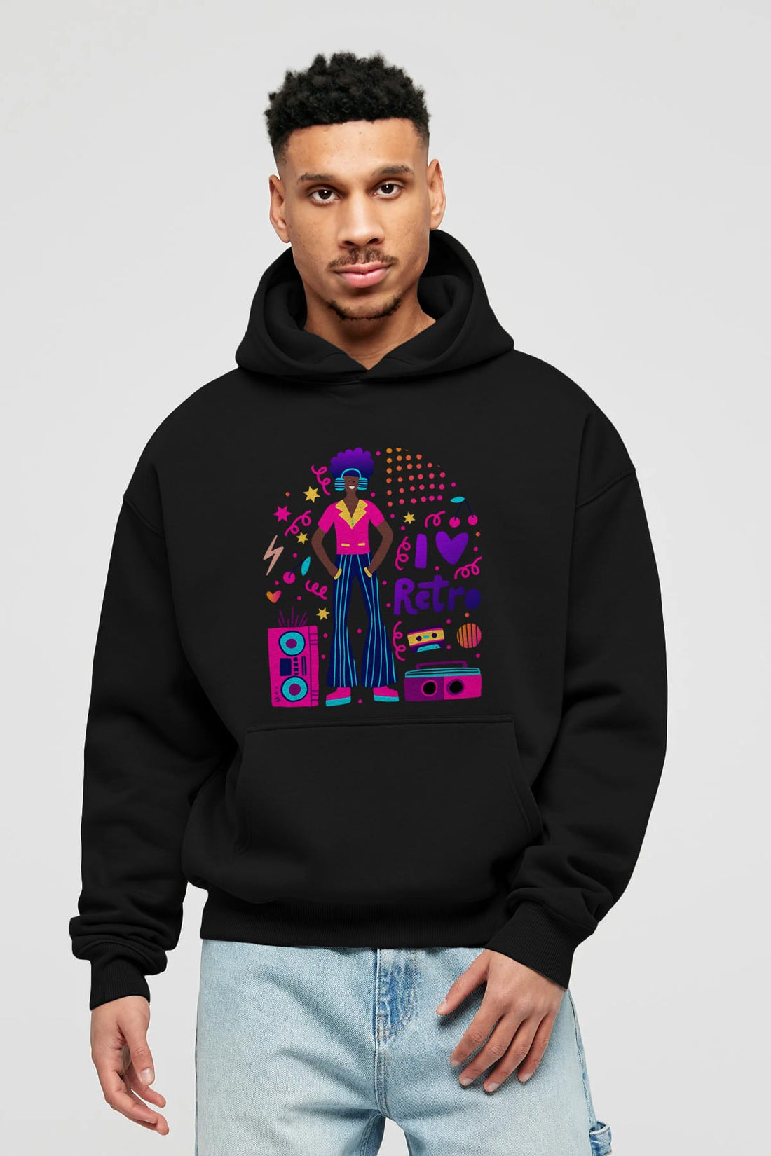 Retro Boy Party Ön Baskılı Oversize Hoodie Kapüşonlu Sweatshirt Erkek Kadın Unisex