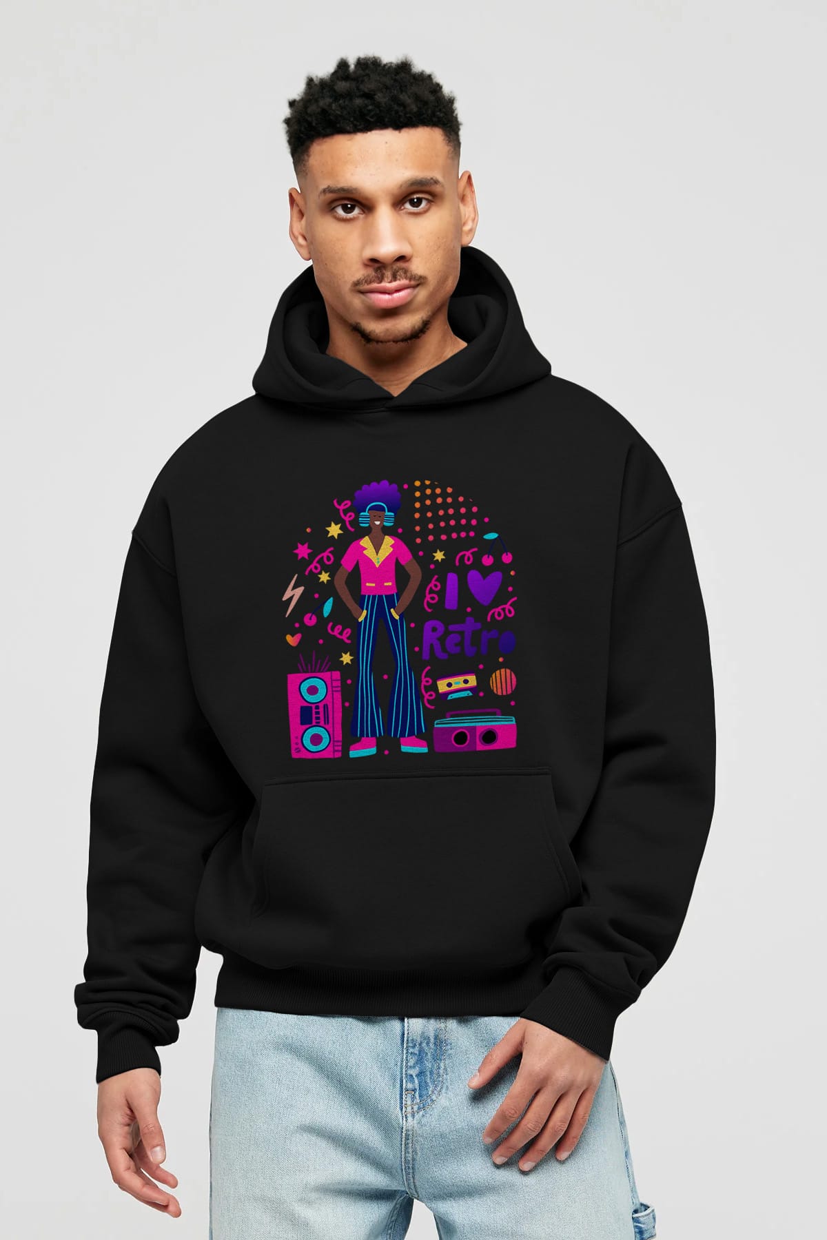 Retro Boy Party Ön Baskılı Oversize Hoodie Kapüşonlu Sweatshirt Erkek Kadın Unisex