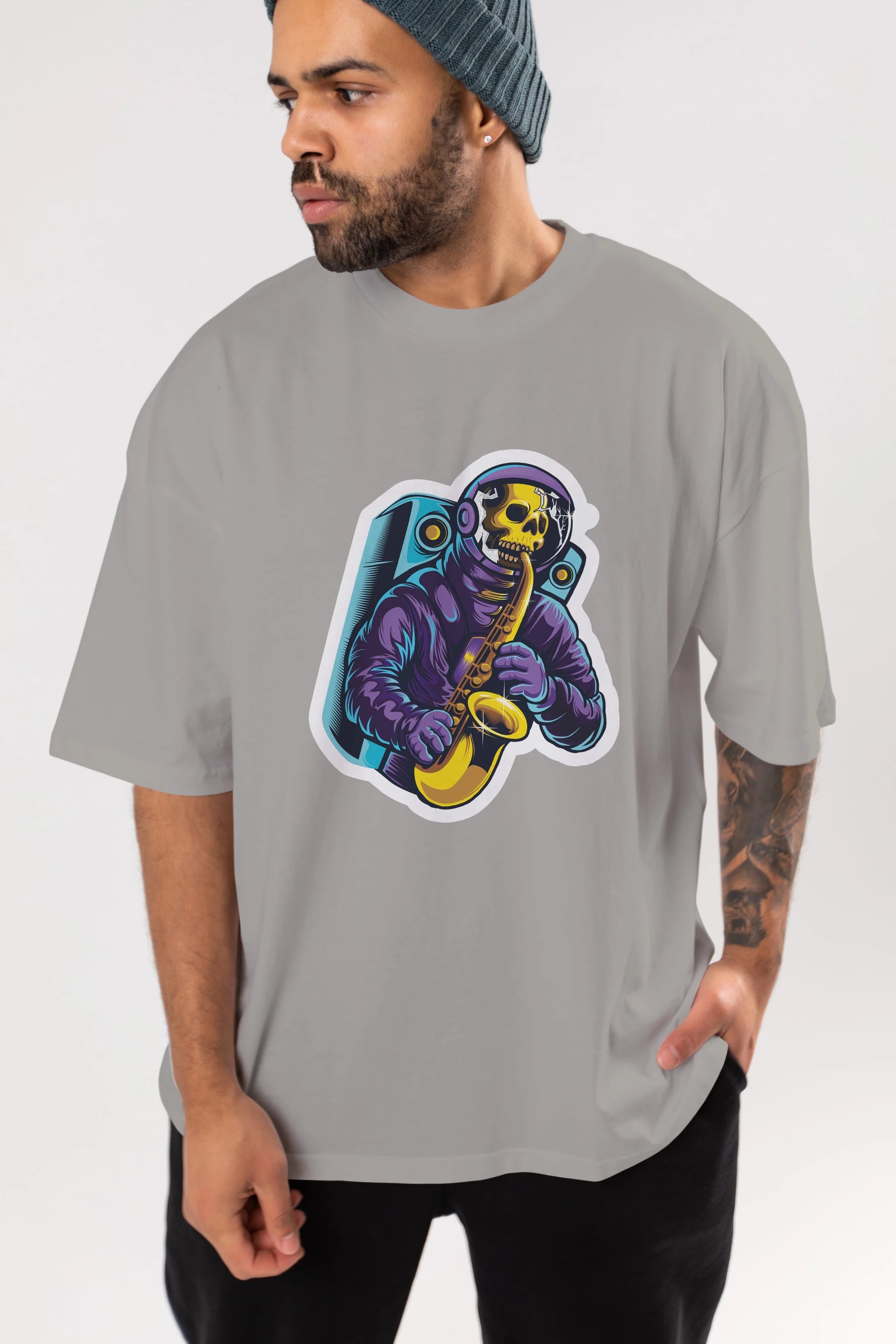 Astroskull Saxophonist Sticker Ön Baskılı Oversize t-shirt Erkek Kadın Unisex