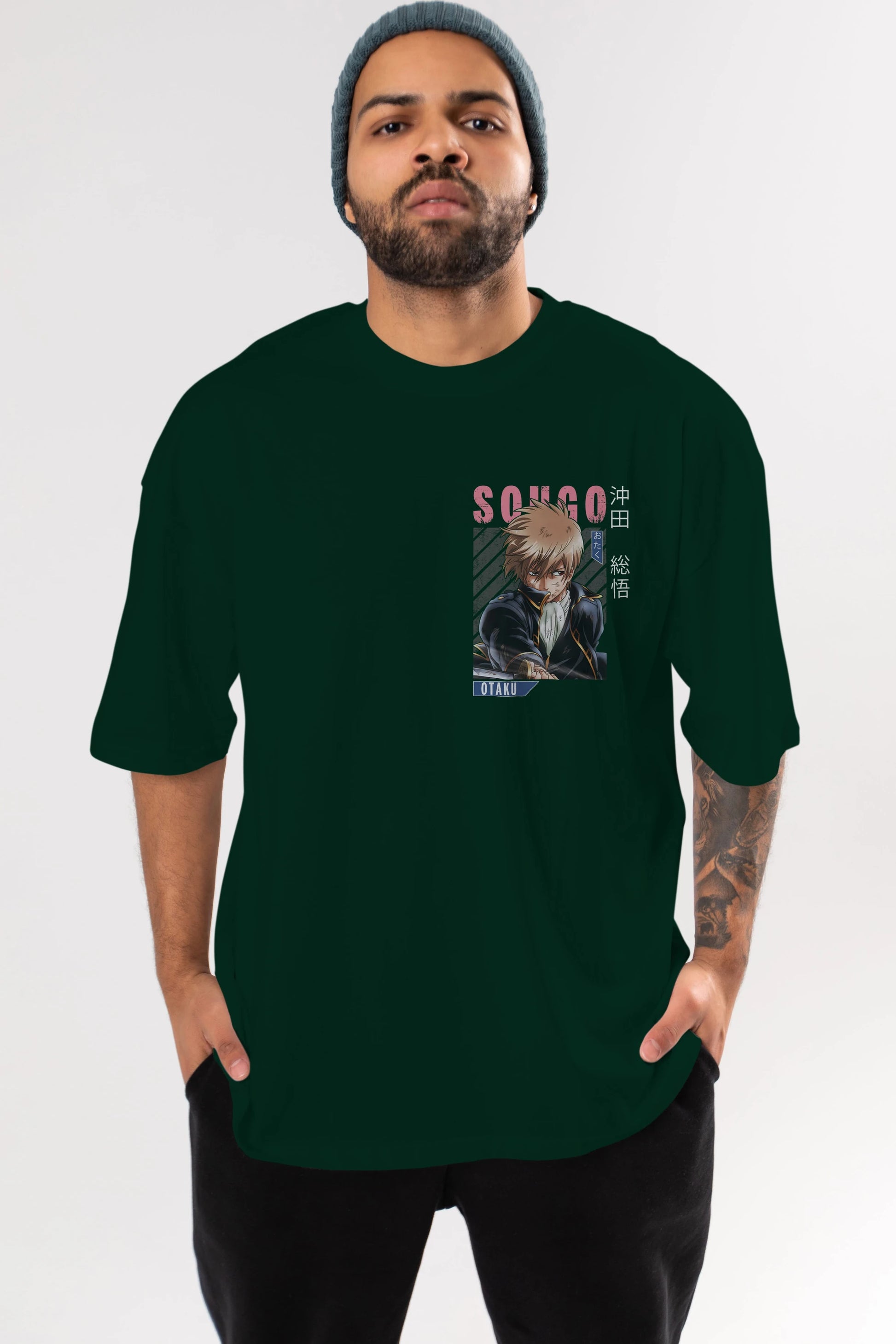 Sougo Okita GINTAMA Ön Sol Baskılı Oversize t-shirt Erkek Kadın Unisex %100 Pamuk Bisiklet Yaka tişort