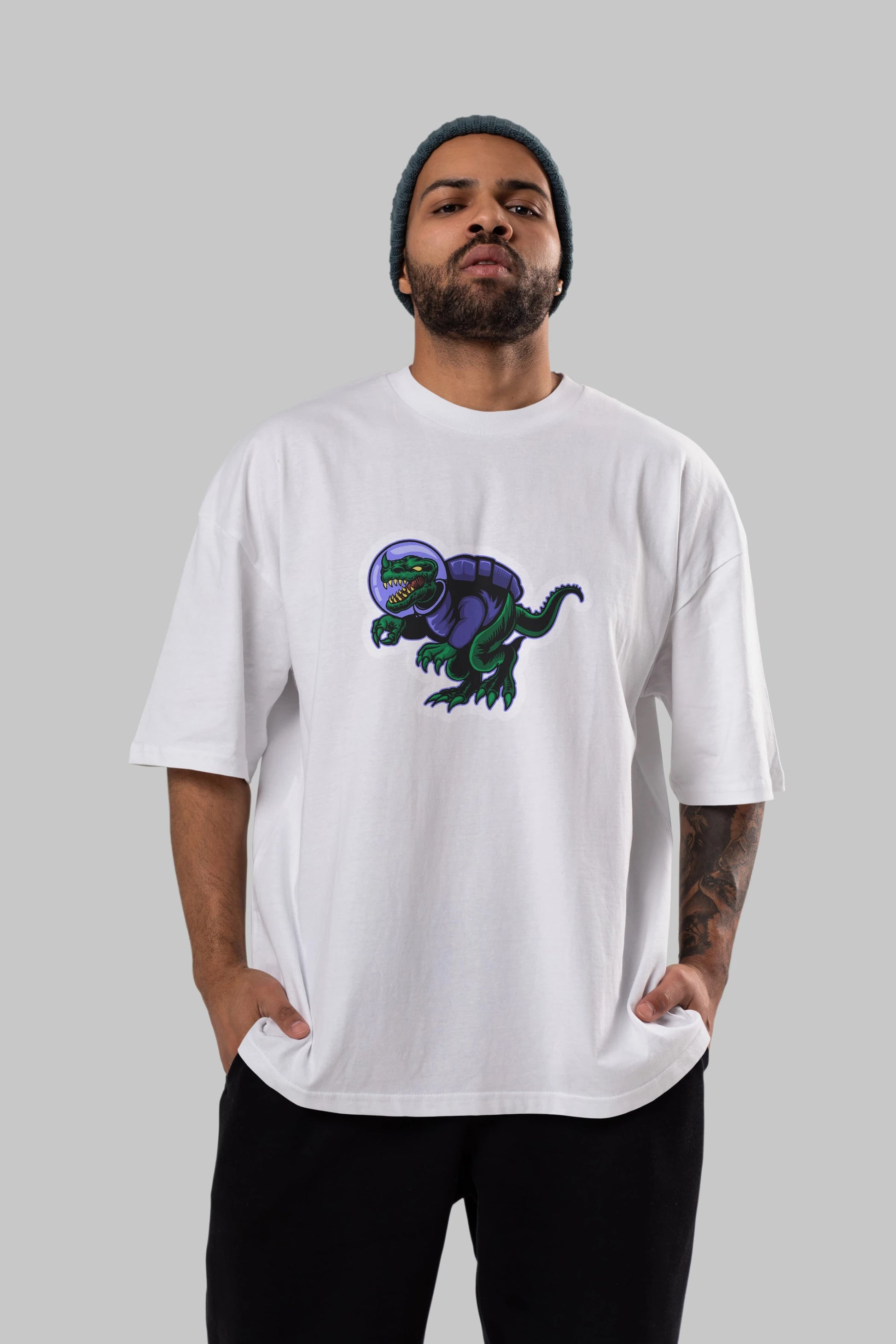 Space Dino Sticker Ön Baskılı Oversize t-shirt Erkek Kadın Unisex