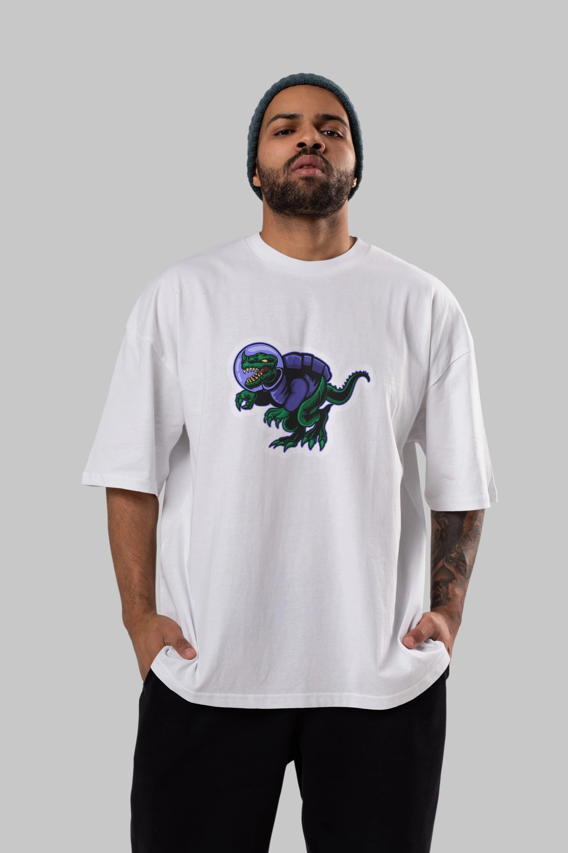 Space Dino Sticker Ön Baskılı Oversize t-shirt Erkek Kadın Unisex