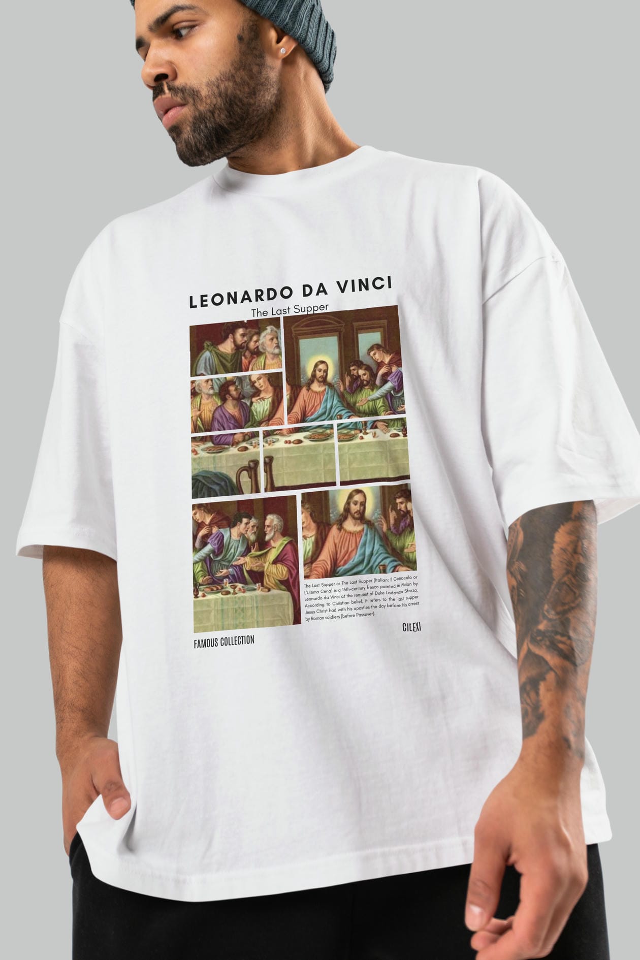 Leonardo Da Vinci ön Baskılı Oversize t-shirt Erkek Kadın Bisiklet Yaka Pamuk tişort