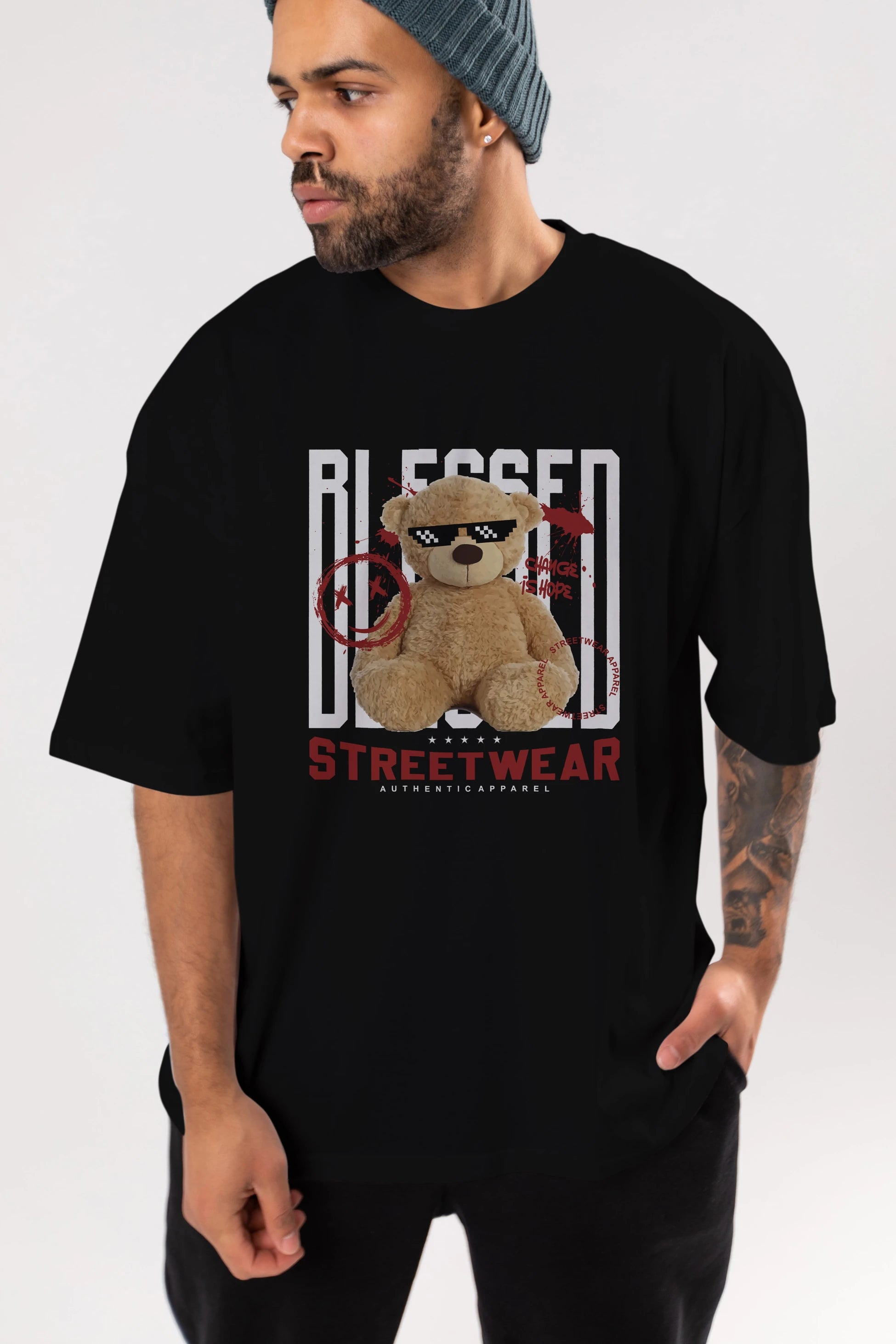Blessed Bear Ön Baskılı Oversize t-shirt Erkek Kadın Unisex