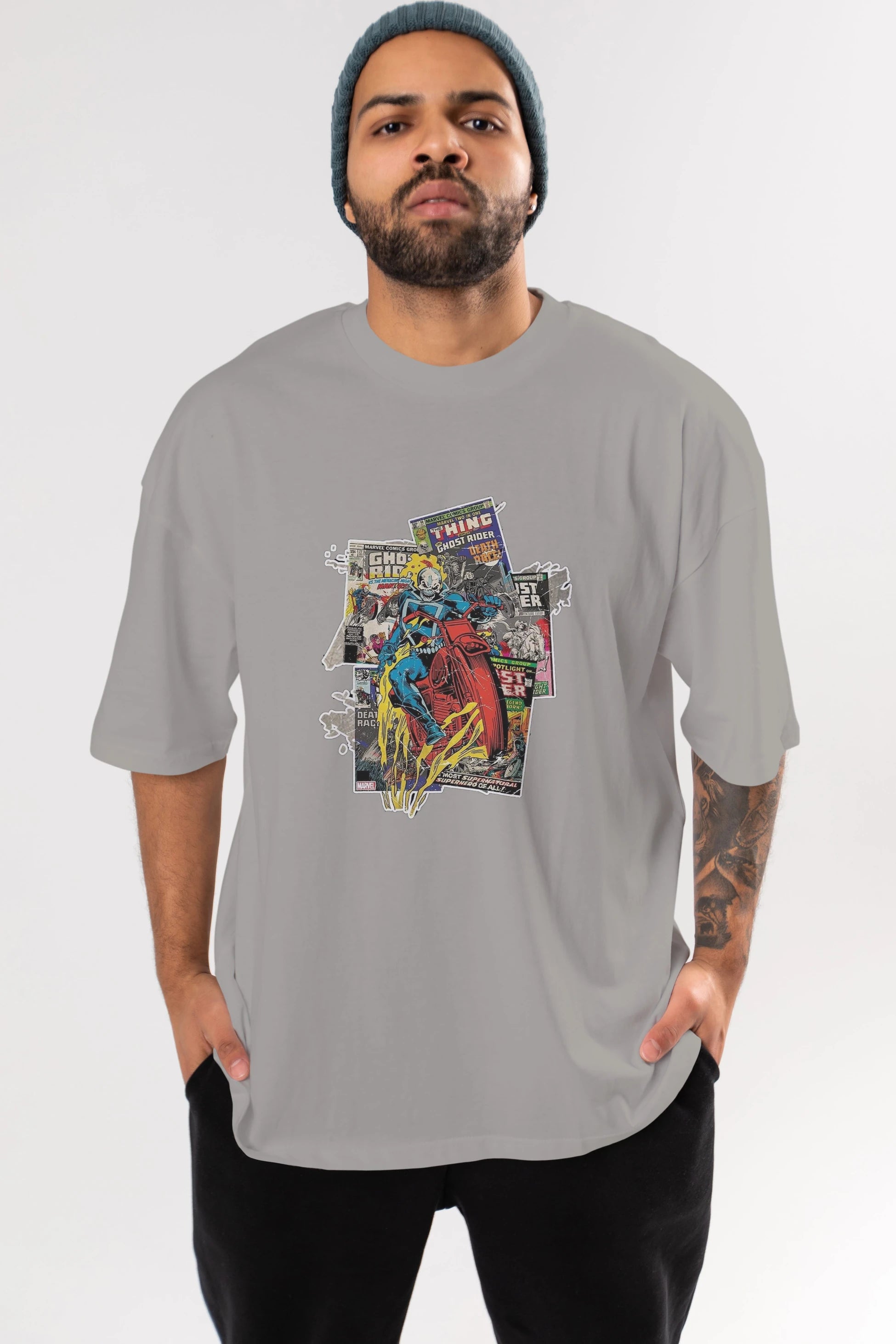 Ghost Rider Ön Baskılı Oversize t-shirt Erkek Kadın Unisex %100 Pamuk Bisiklet Yaka tişort