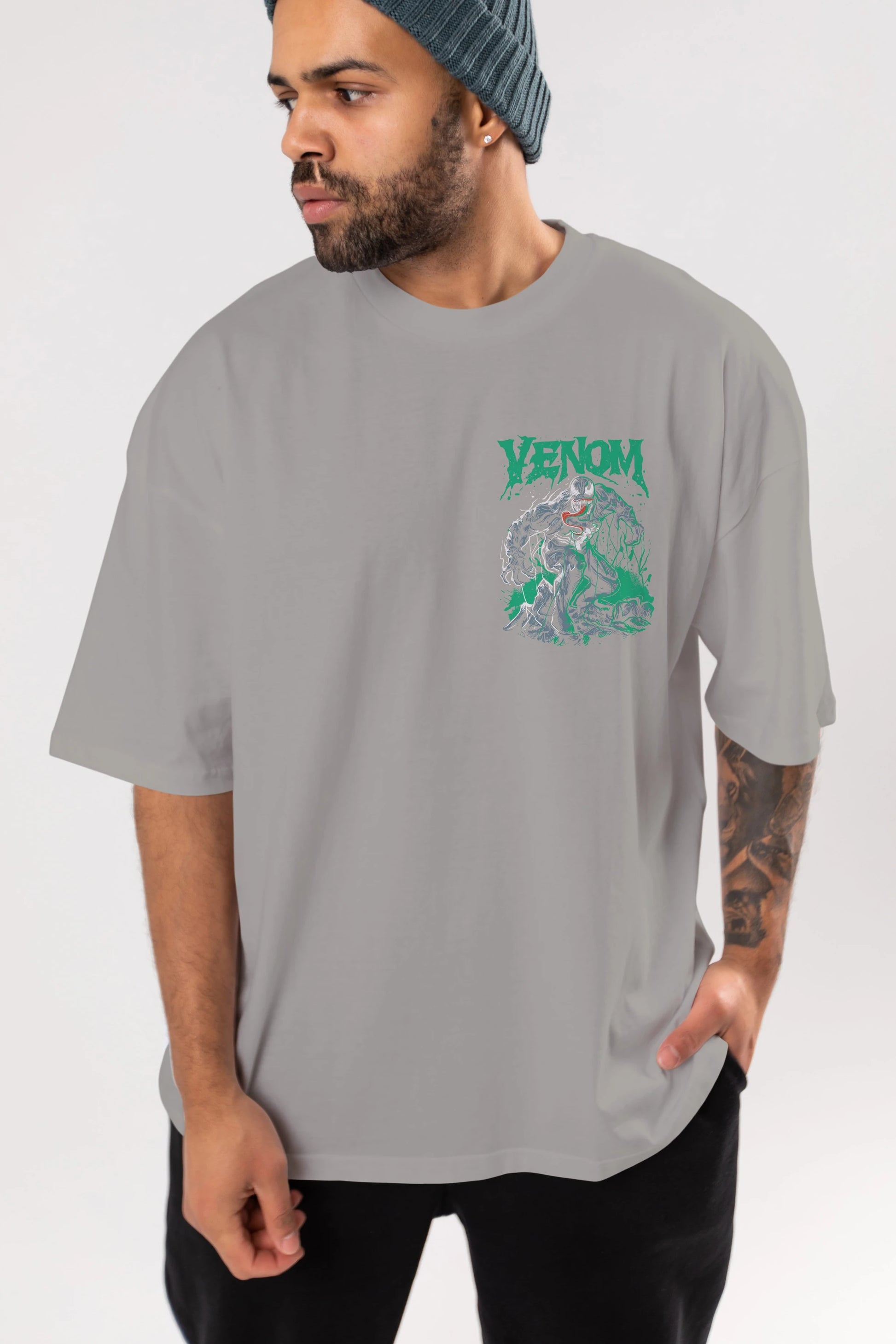 Venom (3) Ön Sol Baskılı Oversize t-shirt Erkek Kadın Unisex %100 Pamuk Bisiklet Yaka tişort