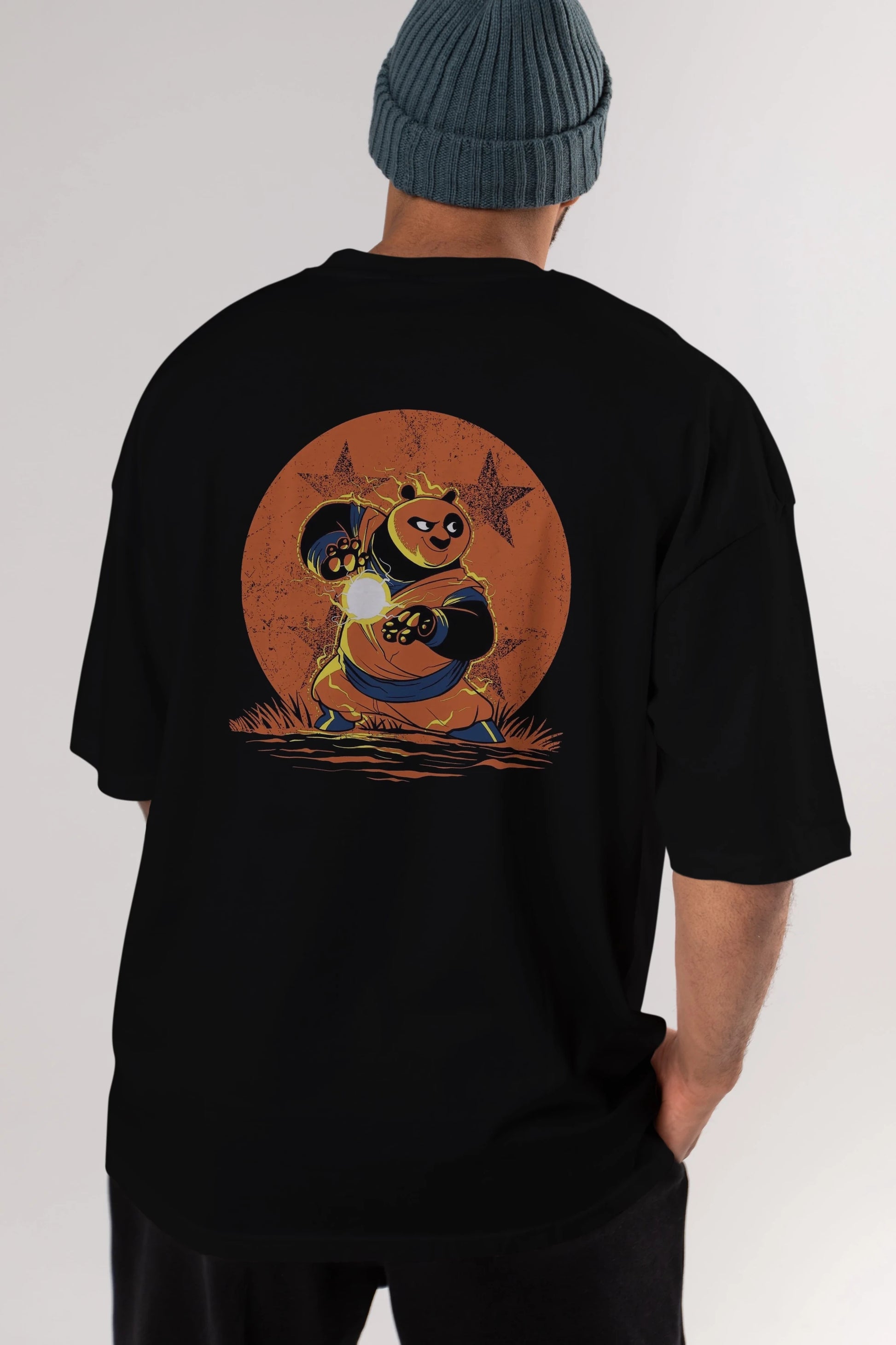 Kung Fu Panda Arka Baskılı Oversize t-shirt Erkek Kadın Unisex %100 Pamuk Bisiklet Yaka tişort