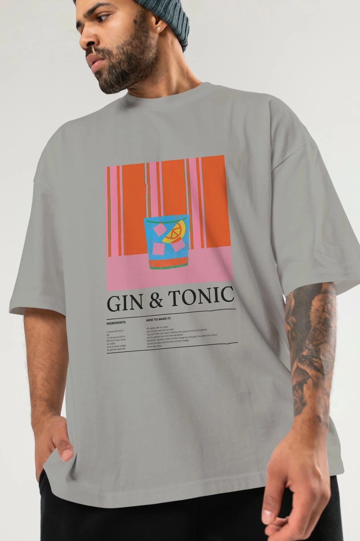 Gin tonic Kokteyl Ön Baskılı Oversize t-shirt Erkek Kadın %100 Pamuk Bisiklet Yaka tişort