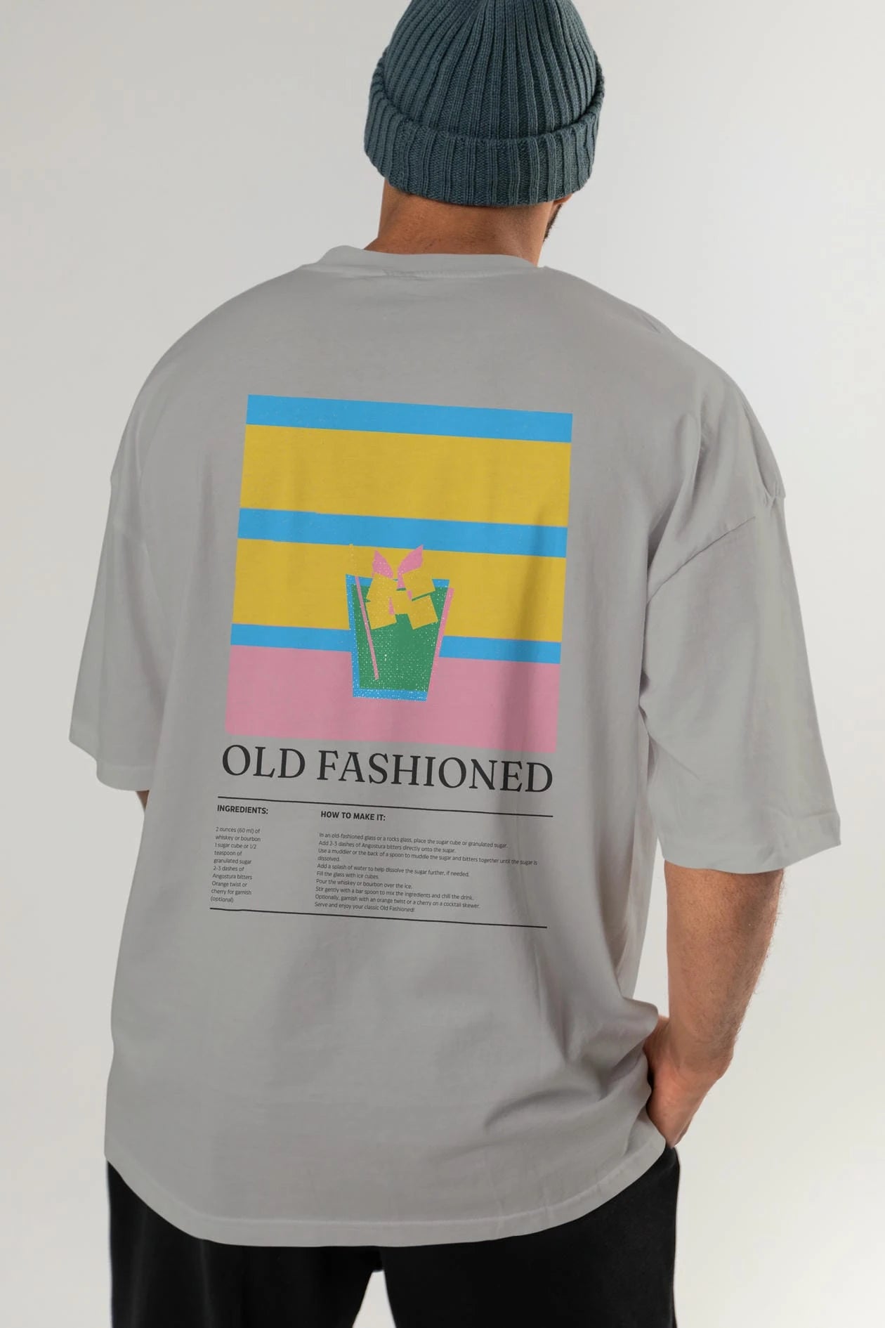 Old Fashioned Kokteyl Serisi Arka Baskılı Oversize t-shirt Erkek Kadın %100 Pamuk Bisiklet Yaka tişort
