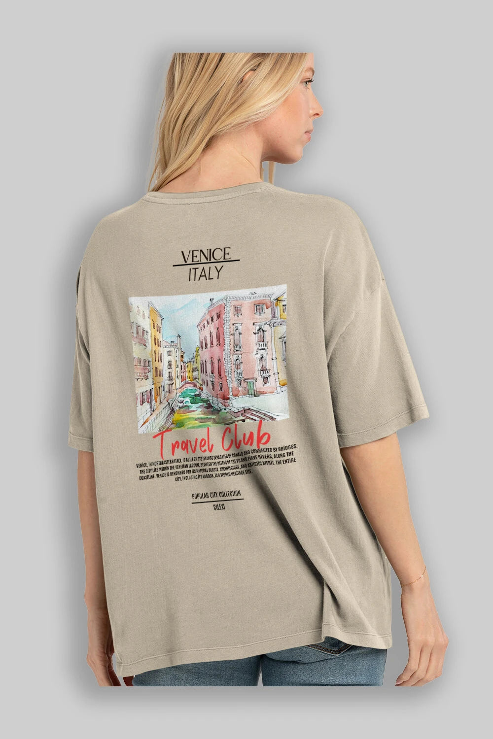 Venice İtaly Arka Baskılı Oversize t-shirt Erkek Kadın Pamuk Bisiklet Yaka tişort
