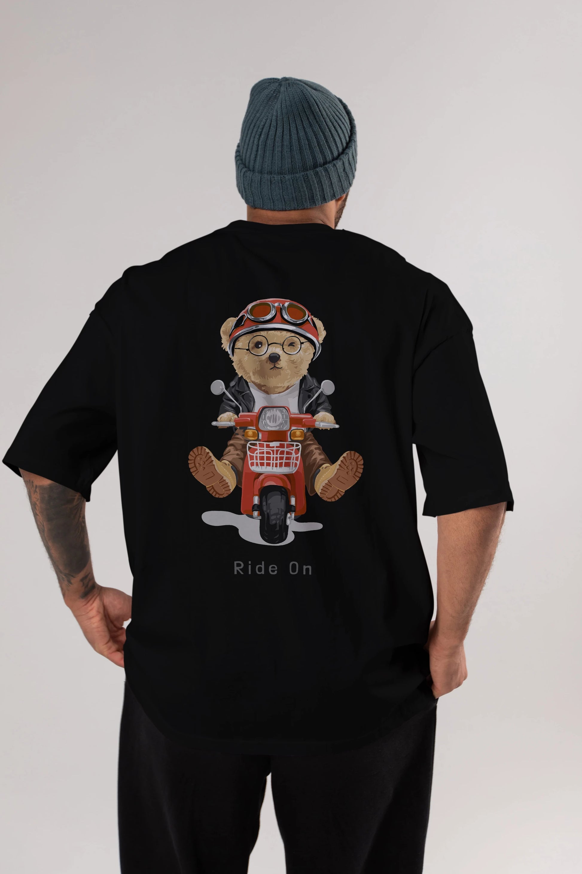 Teddy Bear Ride On Arka Baskılı Oversize t-shirt Erkek Kadın Unisex %100 Pamuk