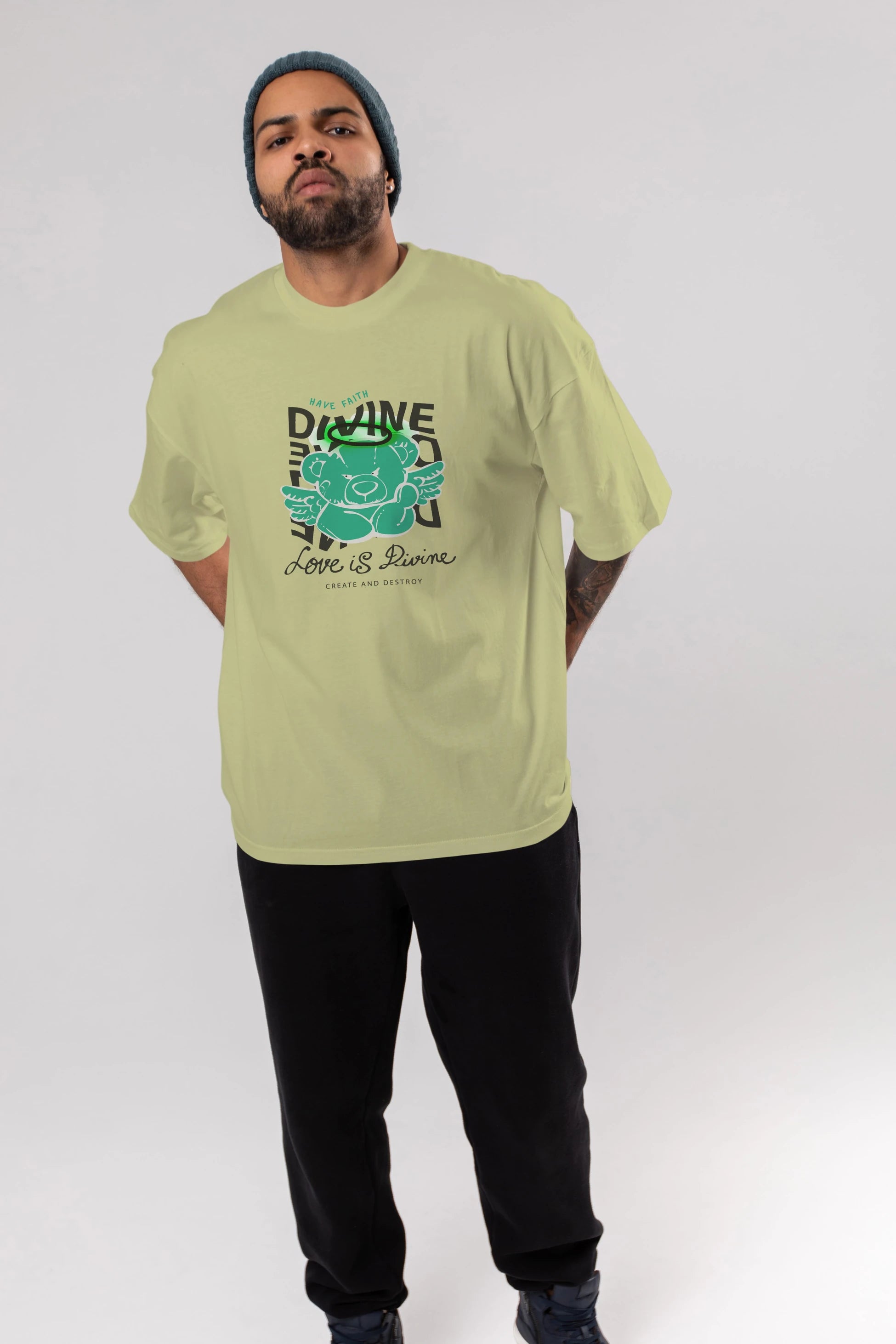 Love is Divine Bear Ön Baskılı Oversize t-shirt Erkek Kadın Unisex