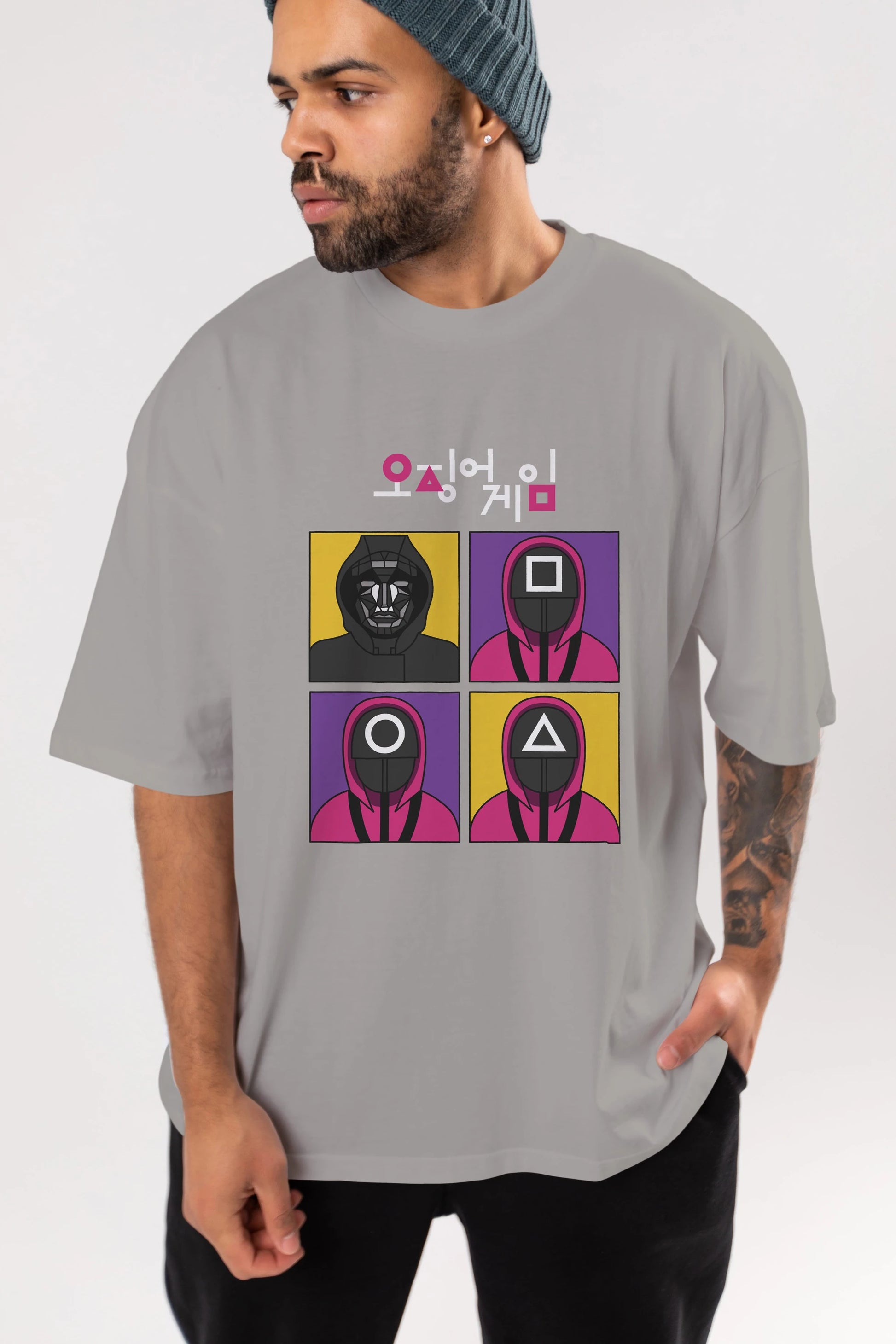Squid Game (1) Ön Baskılı Oversize t-shirt Erkek Kadın Unisex %100 Pamuk Bisiklet Yaka tişort