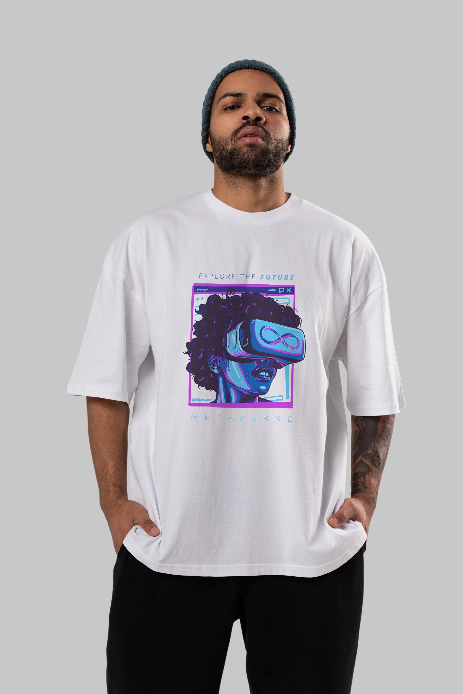 Metaverse Ön Baskılı Oversize t-shirt Erkek Kadın Unisex