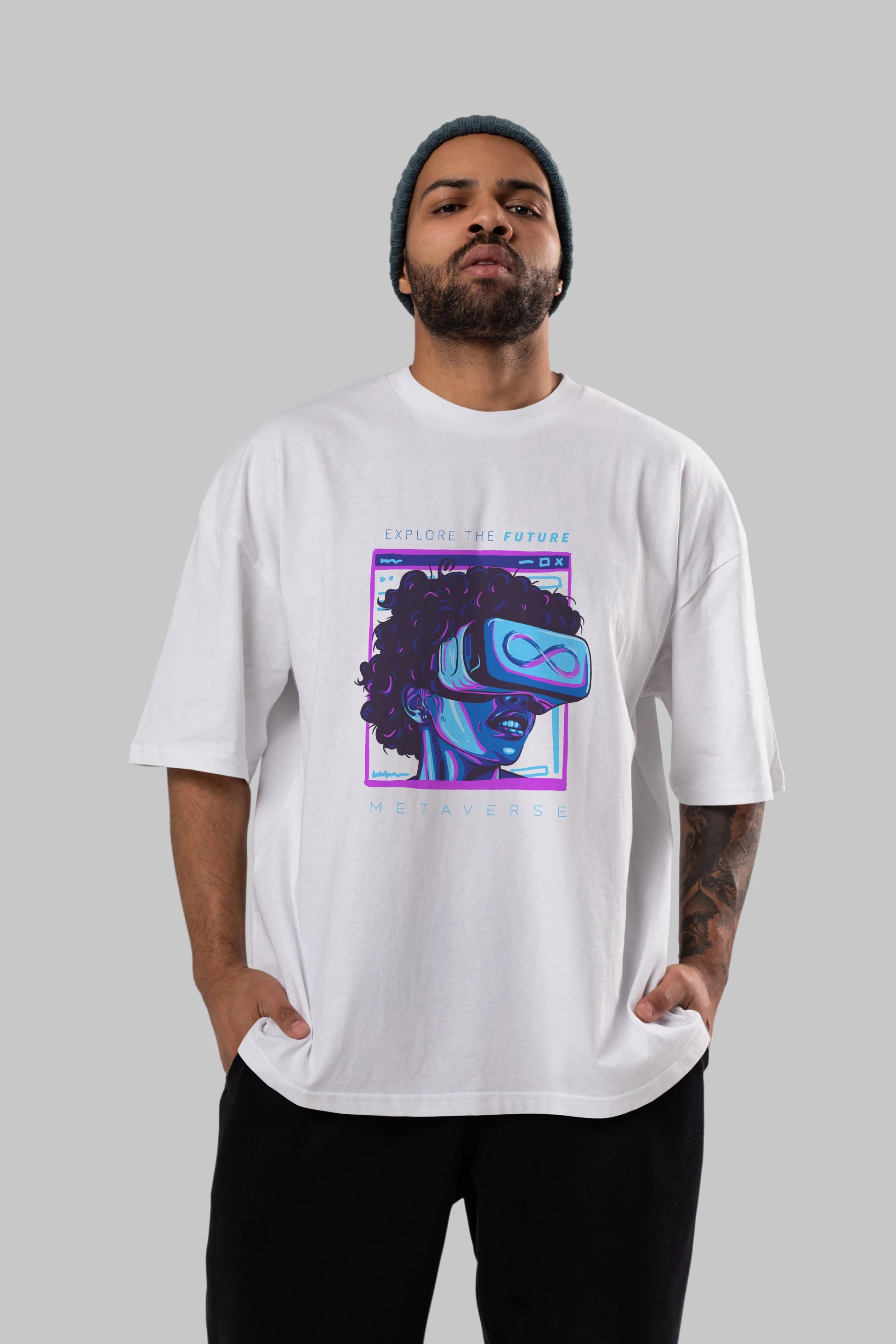 Metaverse Ön Baskılı Oversize t-shirt Erkek Kadın Unisex