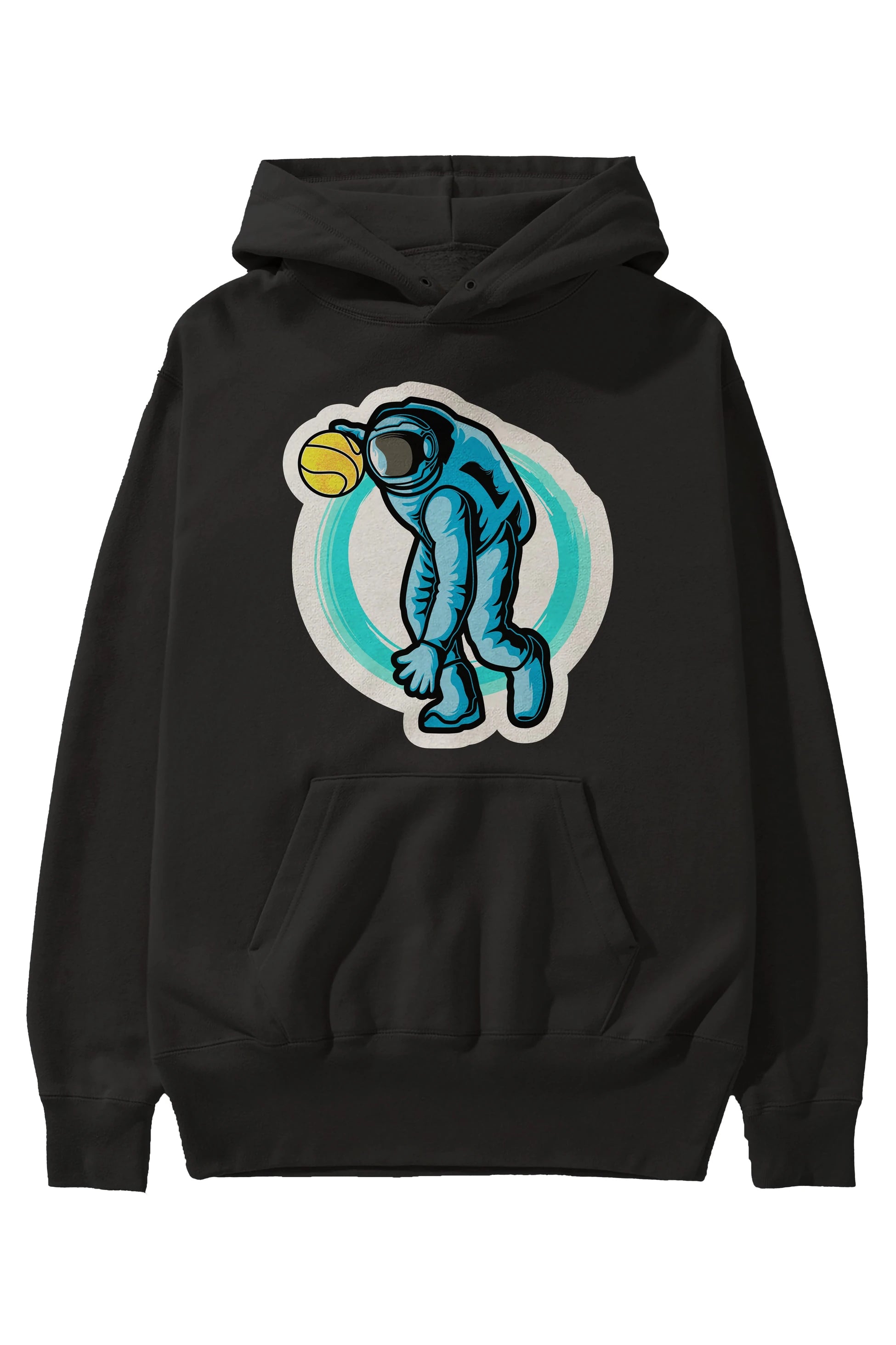 Astronaut Dribble Sticker Ön Baskılı Hoodie Oversize Kapüşonlu Sweatshirt Erkek Kadın Unisex