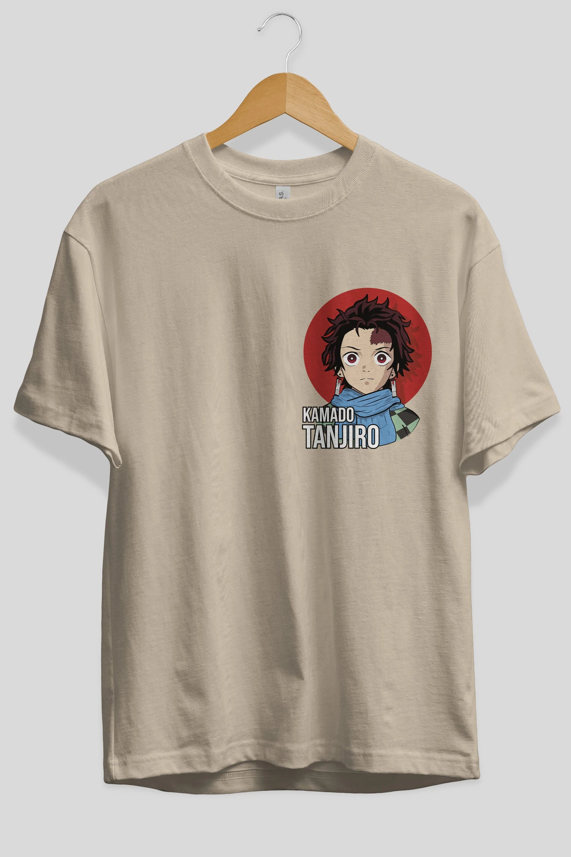 TANJIRO KAMADO Ön Sol Baskılı Oversize t-shirt Erkek Kadın Unisex %100 Pamuk Bisiklet Yaka tişort