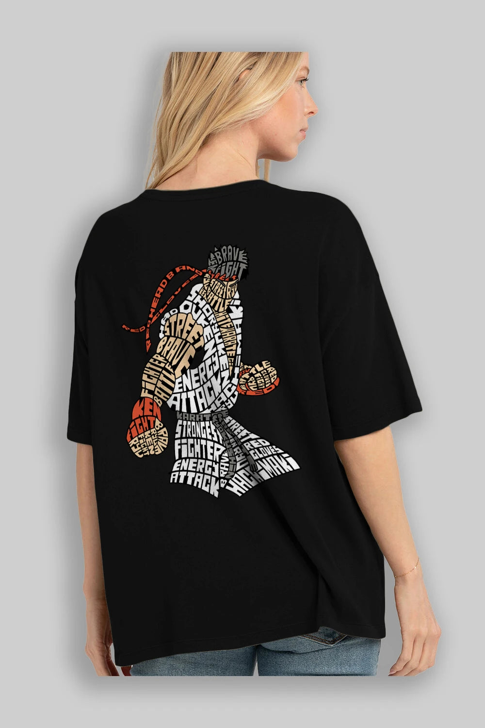 Hadouken Arka Baskılı Oversize t-shirt %100 pamuk Erkek Kadın Unisex