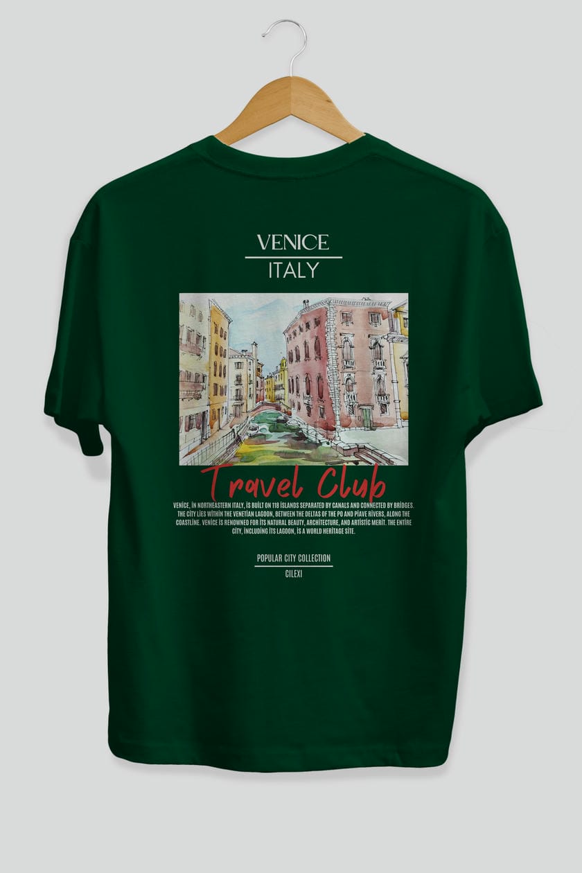Venice İtaly Arka Baskılı Oversize t-shirt Erkek Kadın Pamuk Bisiklet Yaka tişort
