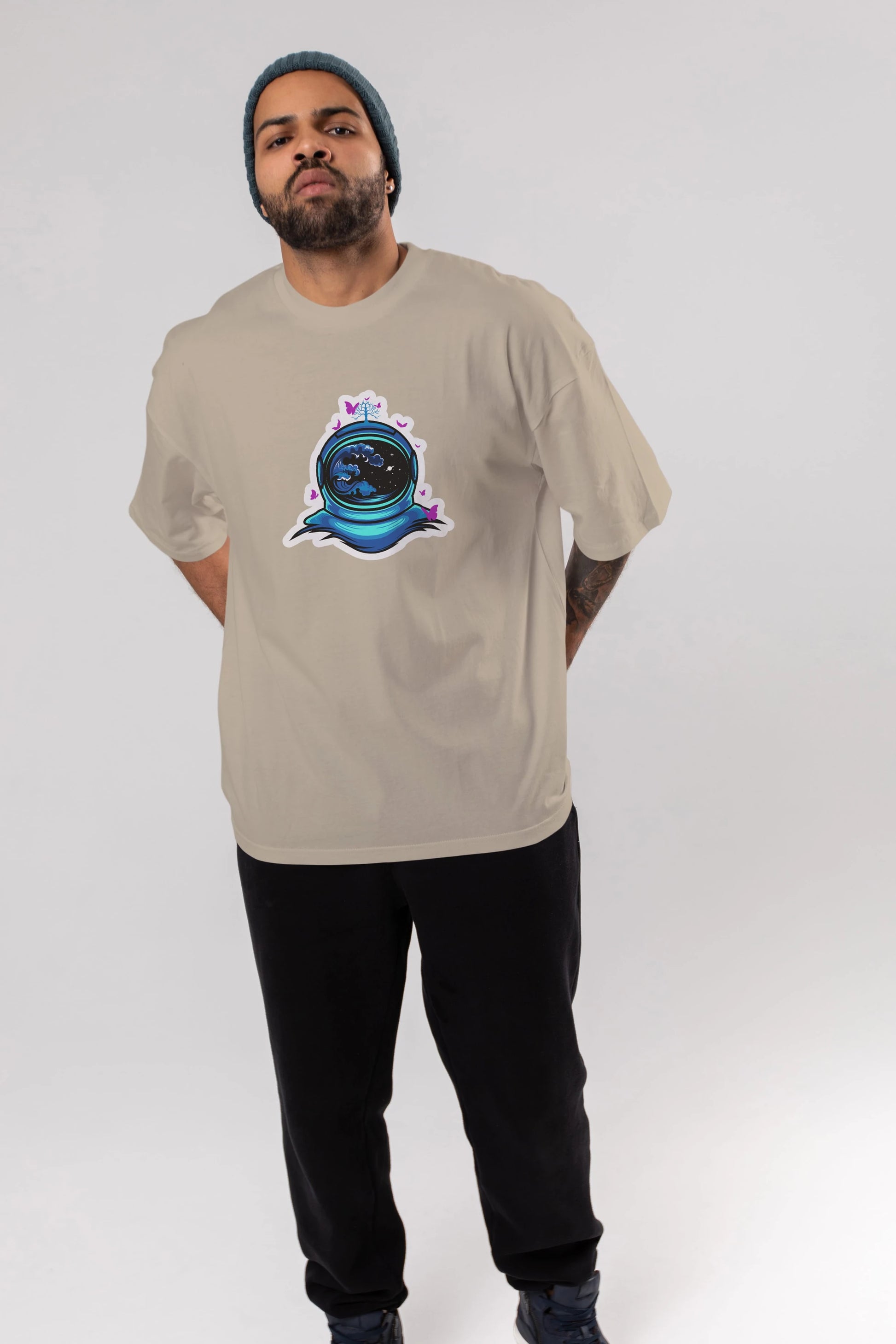 Astronaut and Butterfly Sticker Ön Baskılı Oversize t-shirt Erkek Kadın Unisex