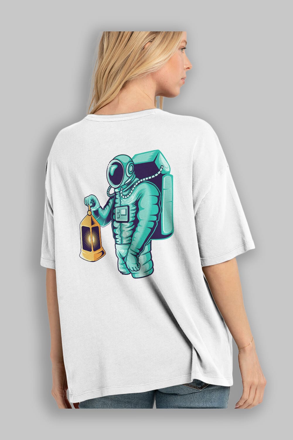 Astronaut Lantern Sticker Arka Baskılı Oversize t-shirt Erkek Kadın Unisex