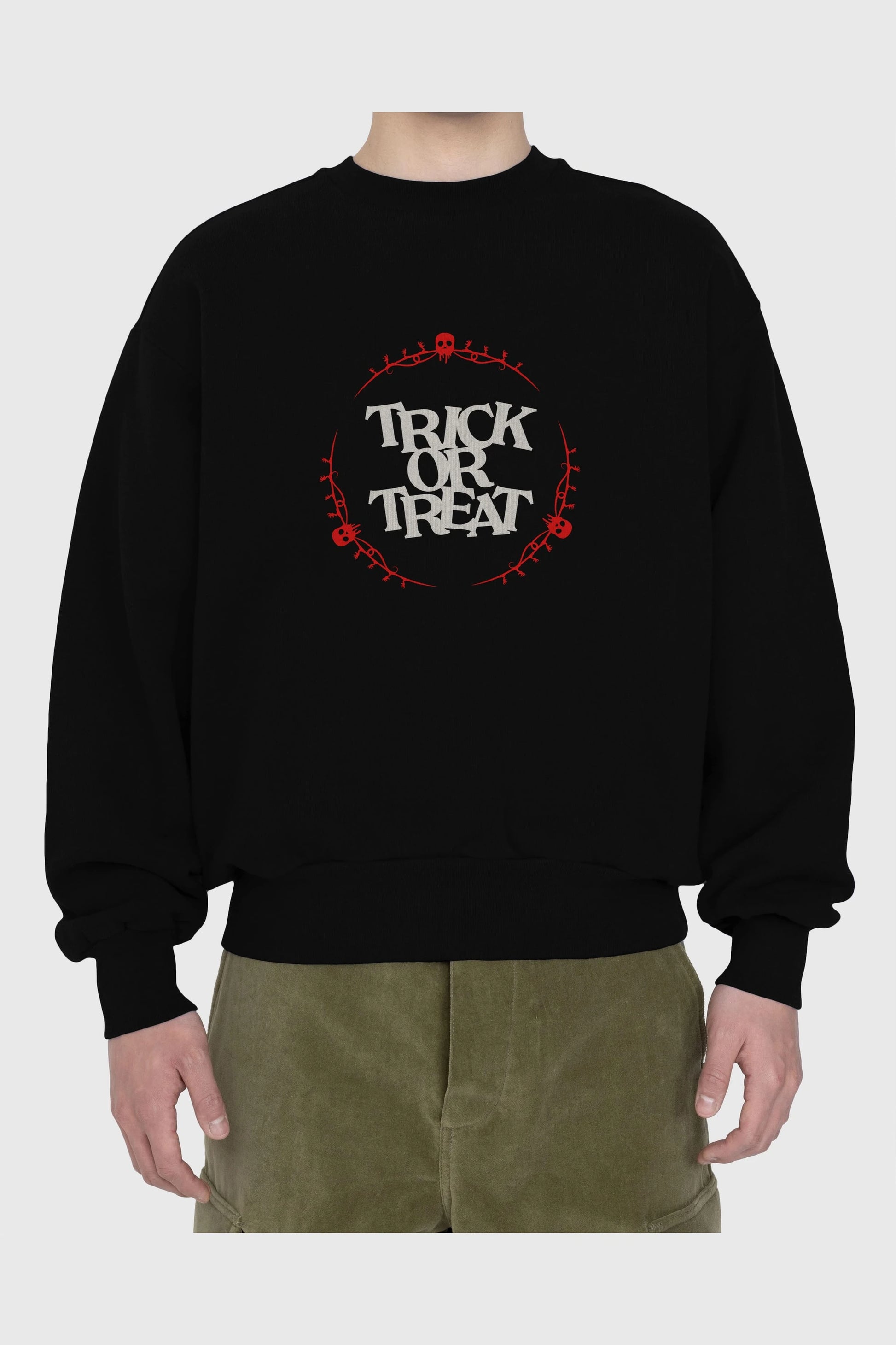 Trick or Treat Yazılı Ön Baskılı Oversize Sweatshirt Erkek Kadın Unisex