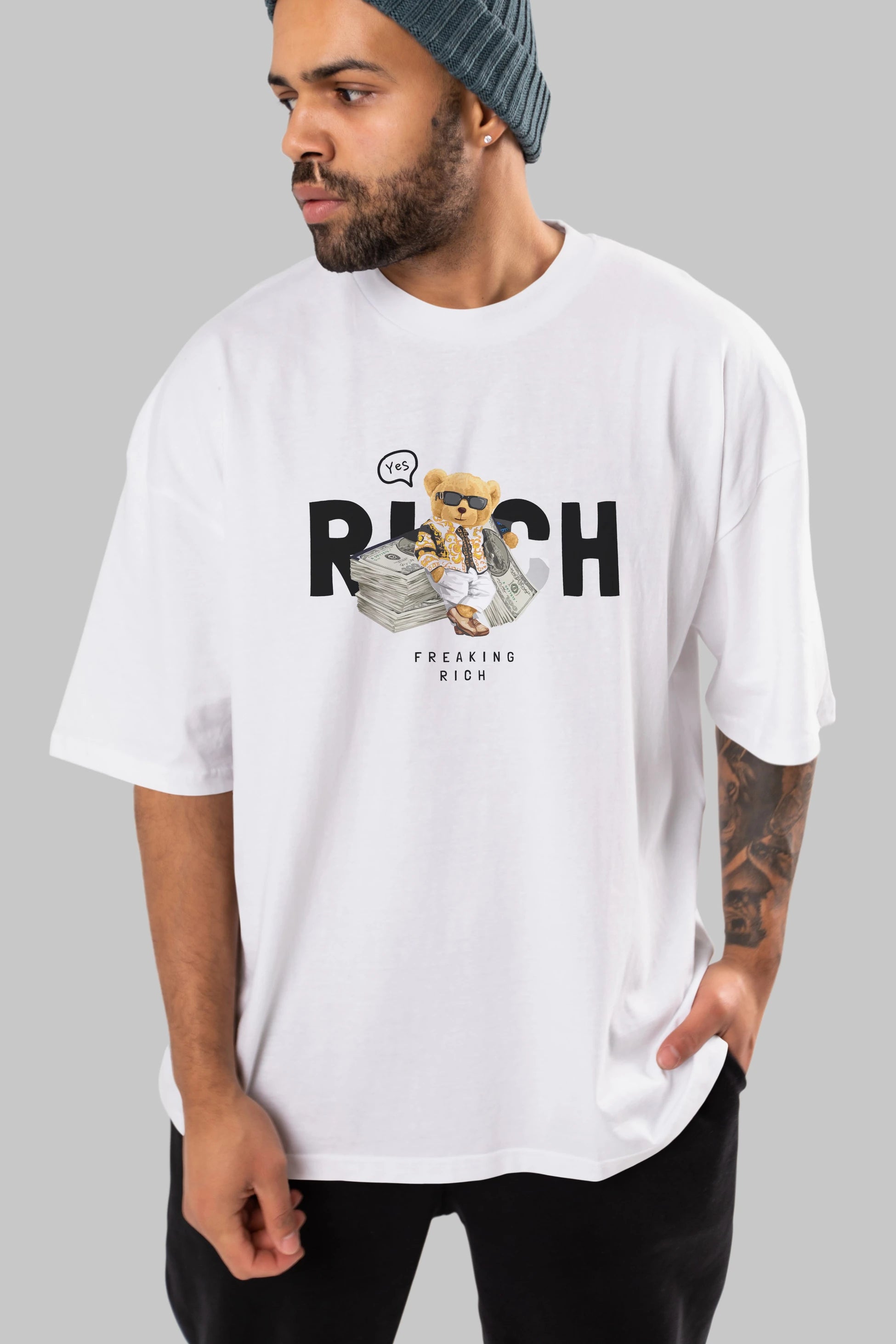 Teddy Bear Freakıng Rich Ön Baskılı Oversize t-shirt Erkek Kadın Unisex %100 Pamuk