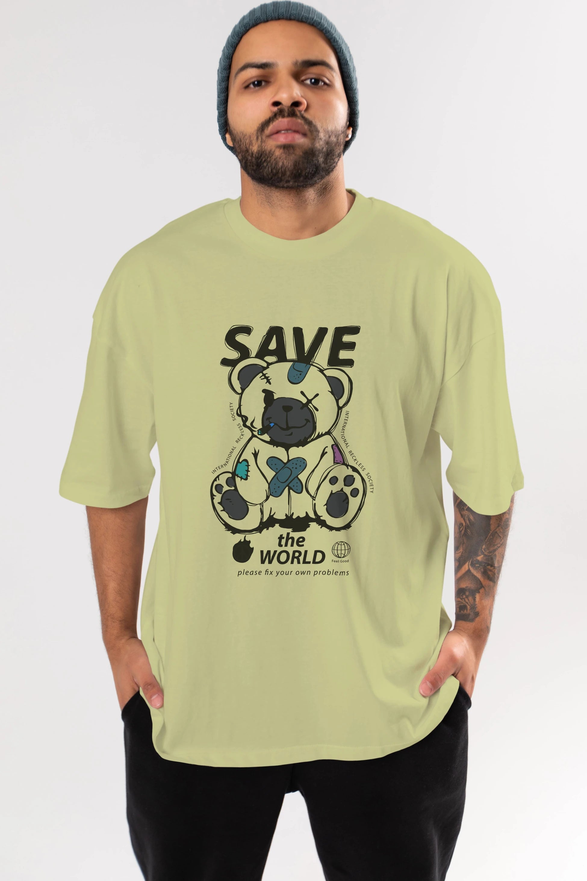 Save the World Bear Ön Baskılı Oversize t-shirt Erkek Kadın Unisex