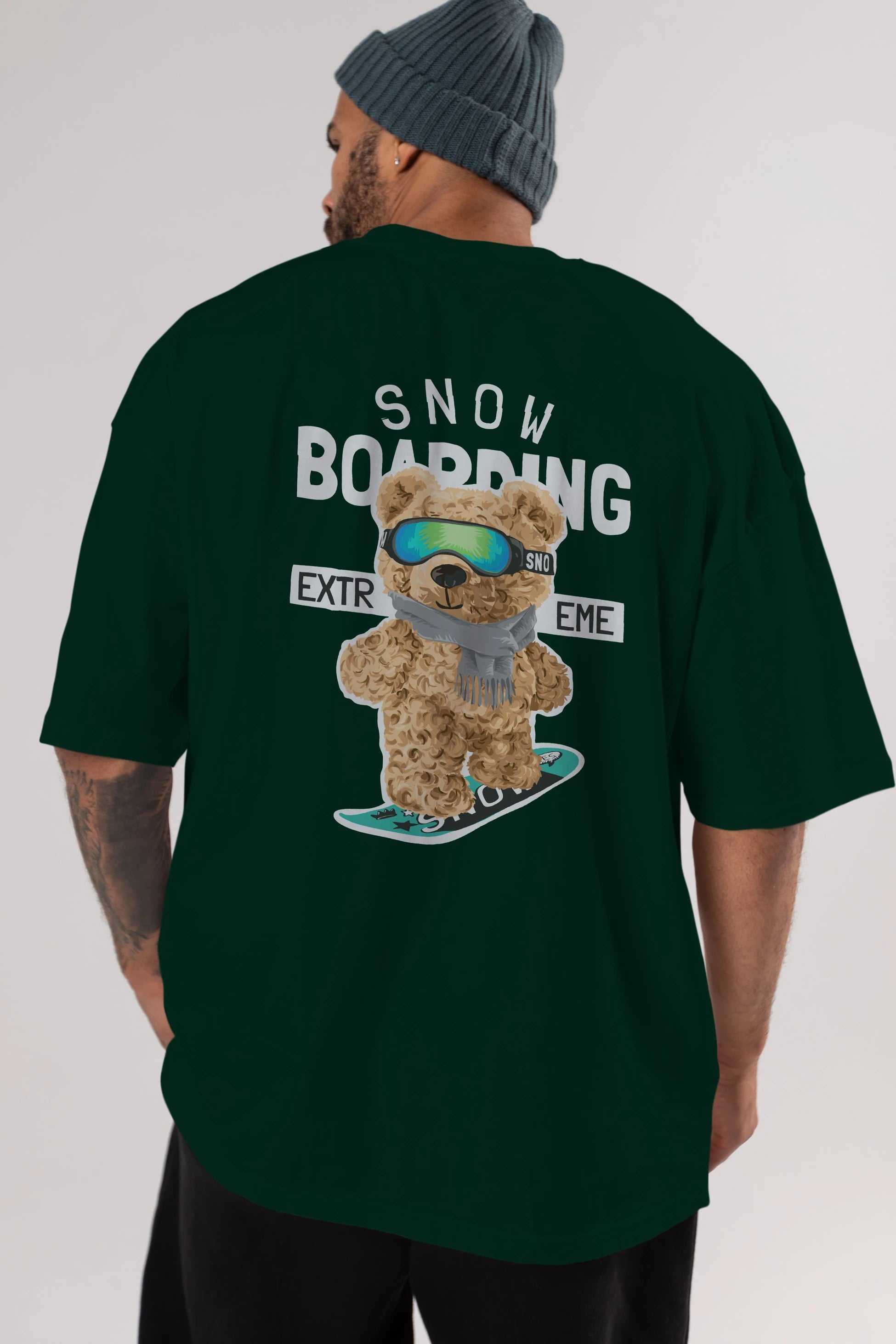 Teddy Bear Snow Boarding Arka Baskılı Oversize t-shirt Erkek Kadın Unisex %100 Pamuk