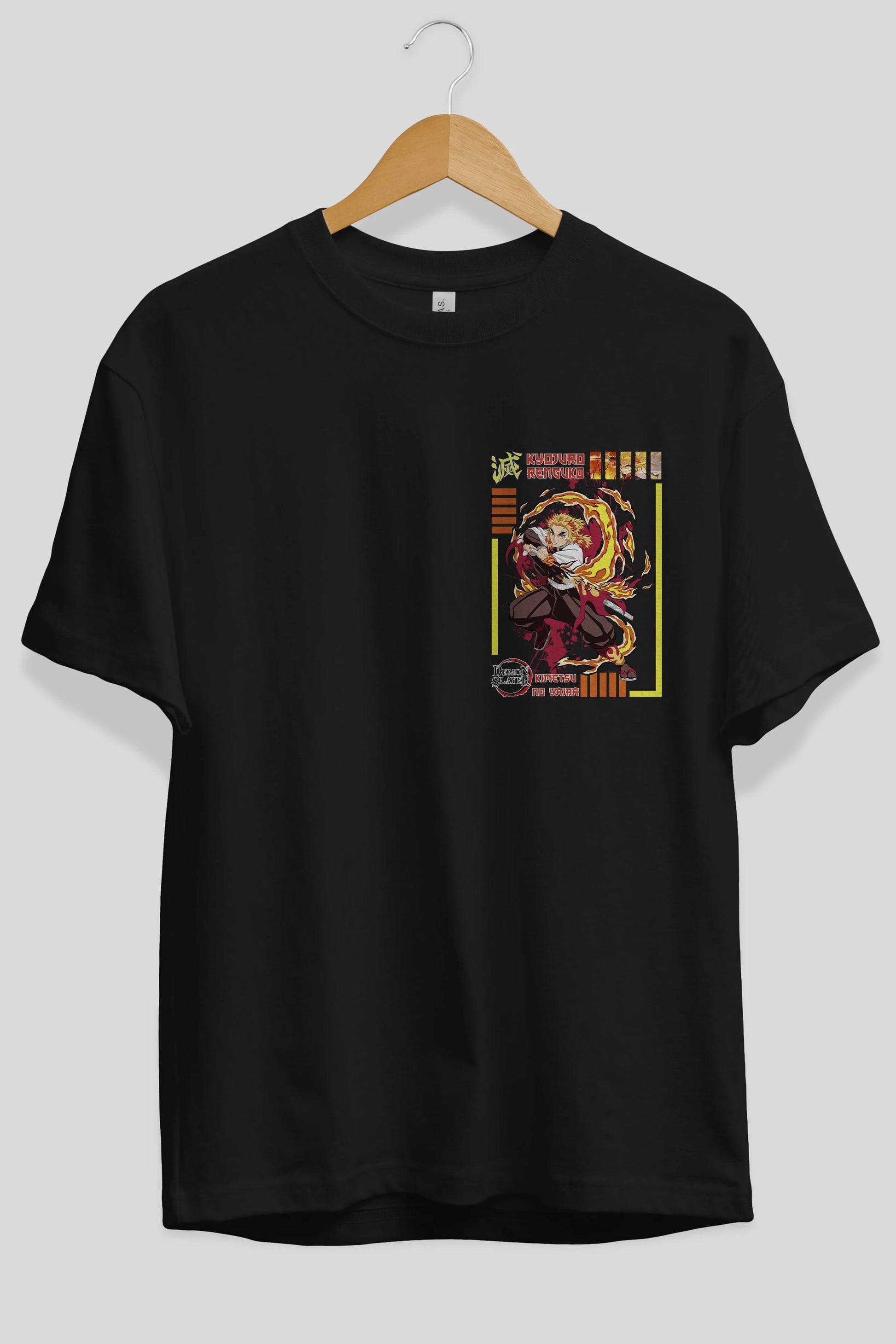 KYOJURO RENGOKU Ön Sol Baskılı Oversize t-shirt Erkek Kadın Unisex %100 Pamuk Bisiklet Yaka tişort