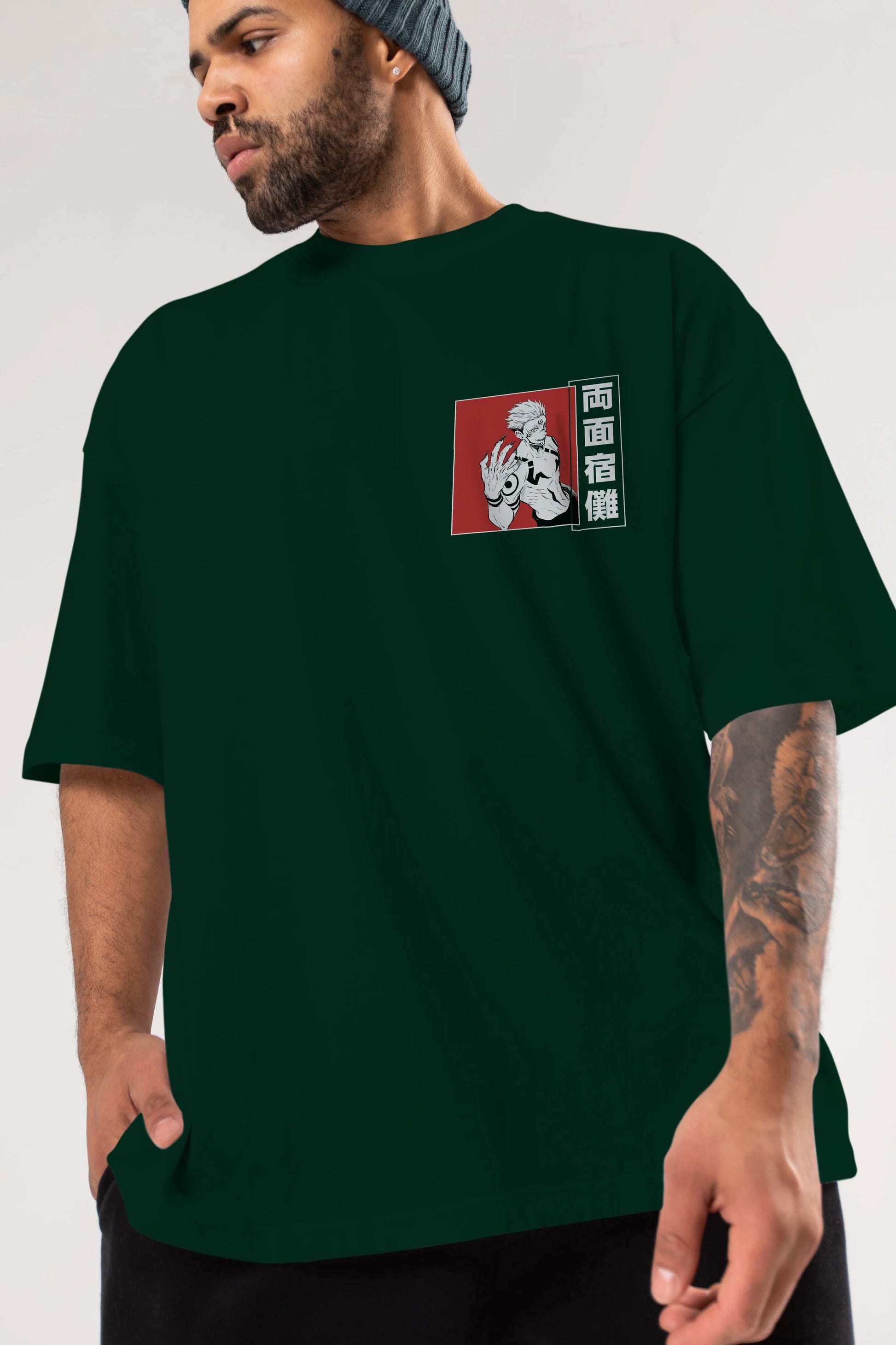 Sukuna Ryoumen 2 Ön Sol Baskılı Oversize t-shirt Erkek Kadın Unisex %100 Pamuk Bisiklet Yaka tişort