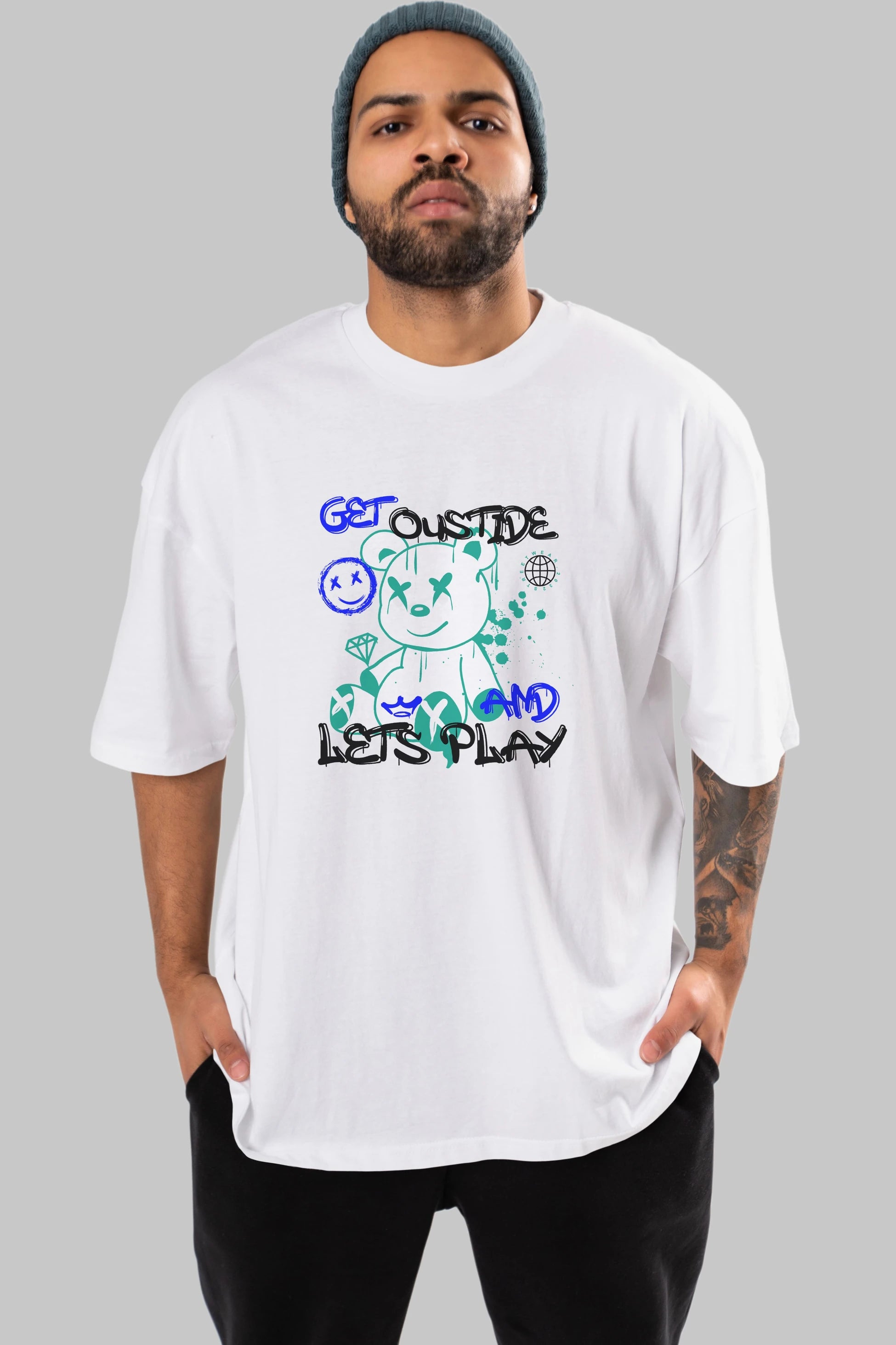 Get Outside Bear Ön Baskılı Oversize t-shirt Erkek Kadın Unisex