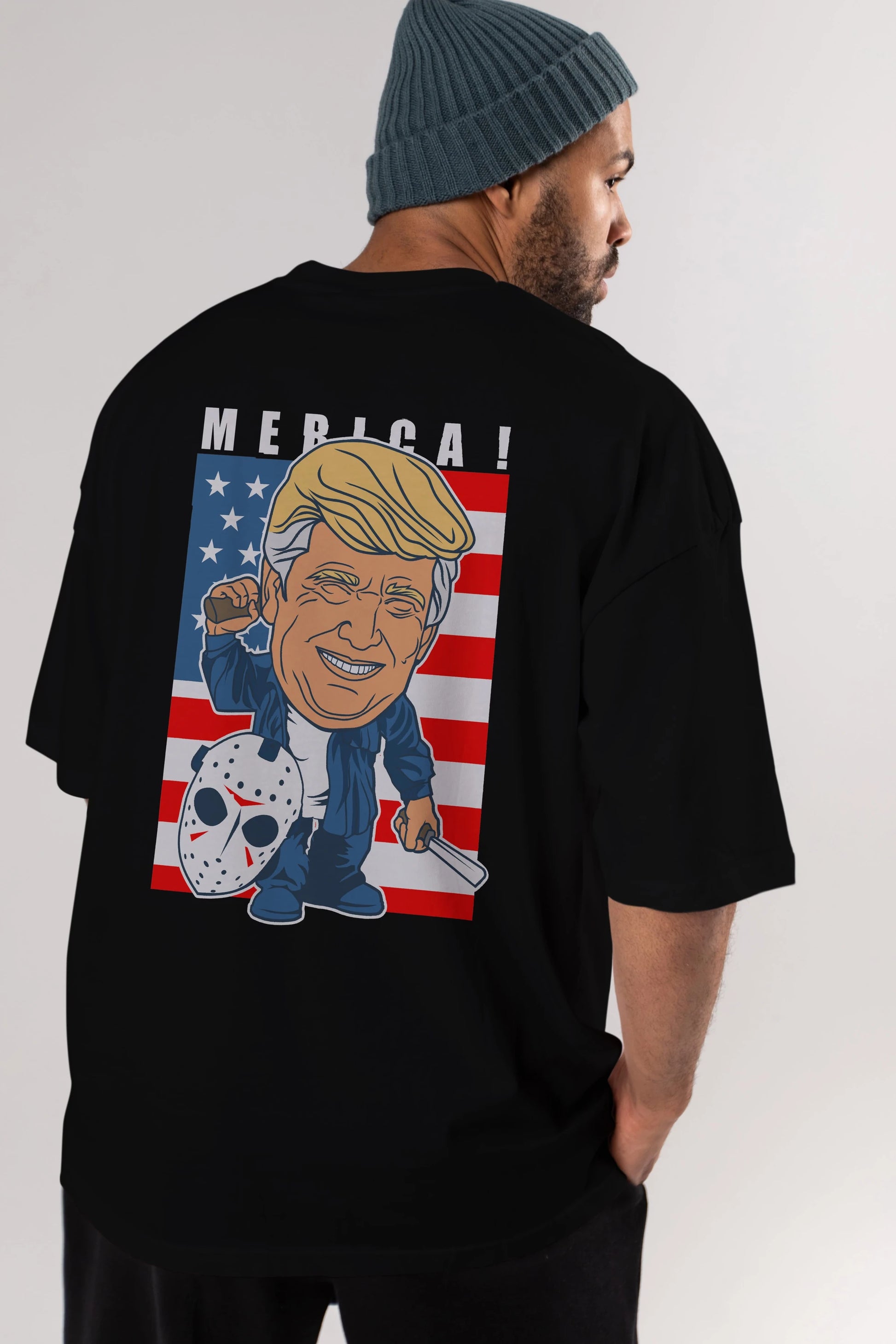 Jason Voorhess Trump Arka Baskılı Oversize t-shirt Erkek Kadın Unisex %100 Pamuk tişort