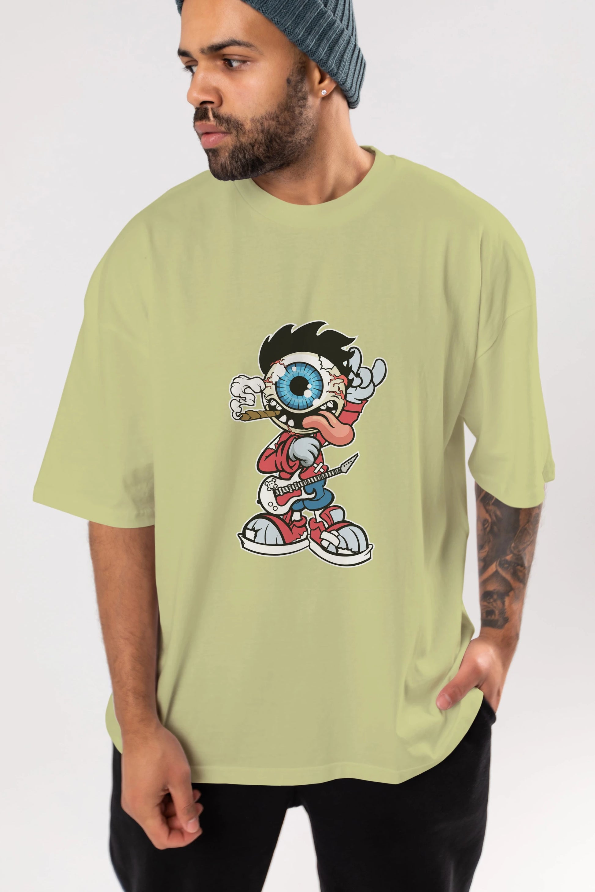 Eyeball Rockstar Ön Baskılı Oversize t-shirt Erkek Kadın Unisex %100 Pamuk tişort