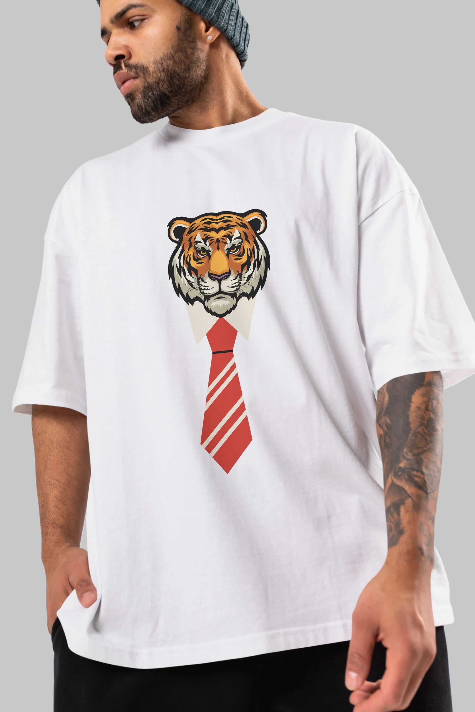 Tiger With Tie Ön Baskılı Oversize t-shirt Erkek Kadın Unisex