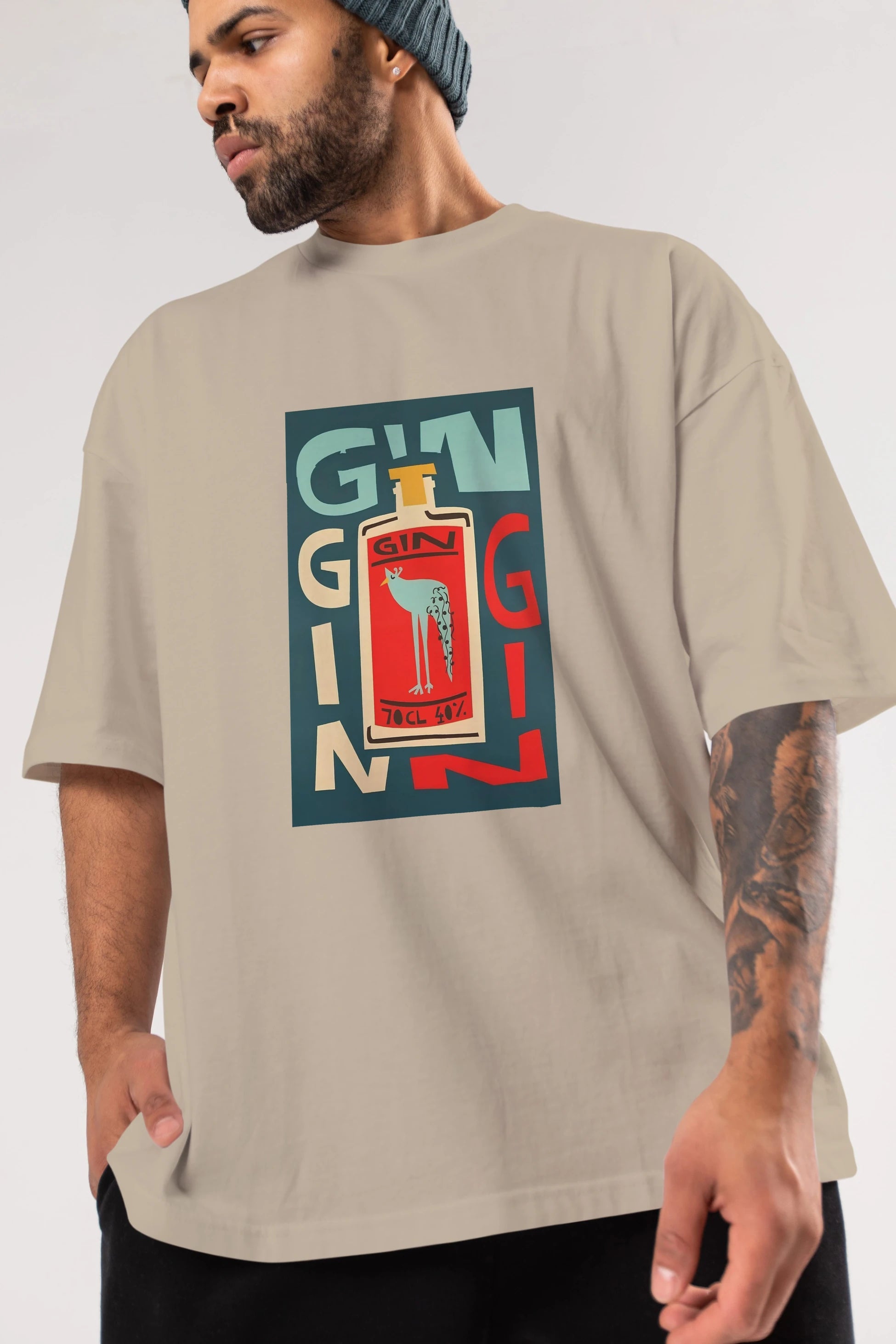 Gin 2 Ön Baskılı Oversize t-shirt Erkek Kadın Unisex %100 Pamuk Bisiklet Yaka tişort
