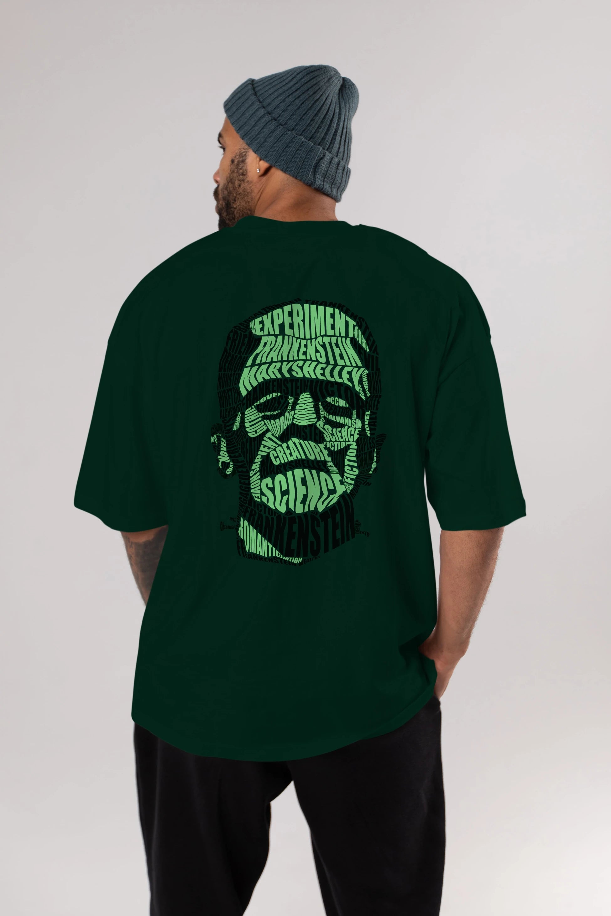 Frankenstein Calligram Arka Baskılı Oversize t-shirt %100 pamuk Erkek Kadın Unisex