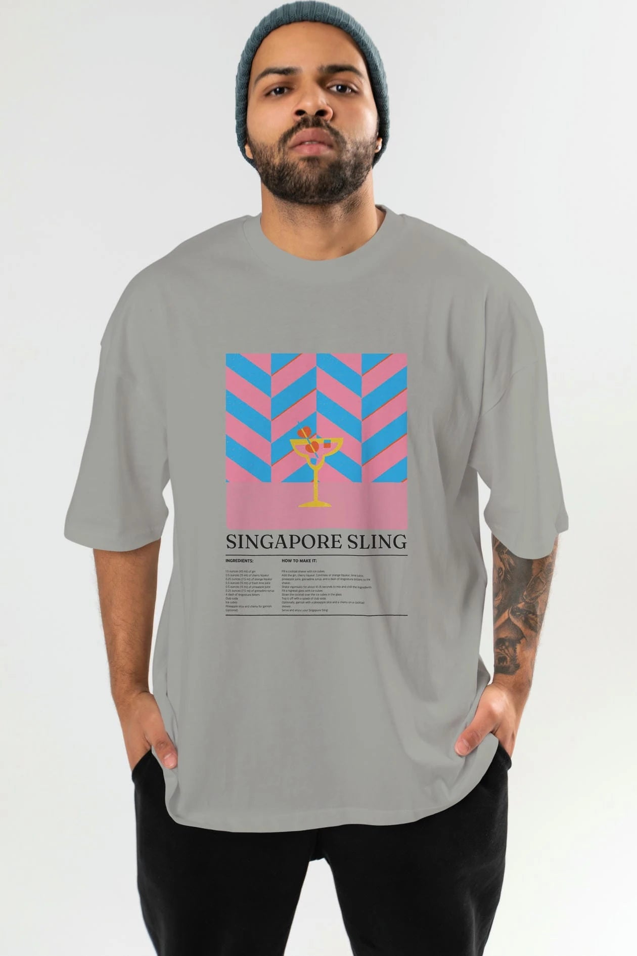 Sıngapore Sling Kokteyl Ön Baskılı Oversize t-shirt Erkek Kadın %100 Pamuk Bisiklet Yaka tişort