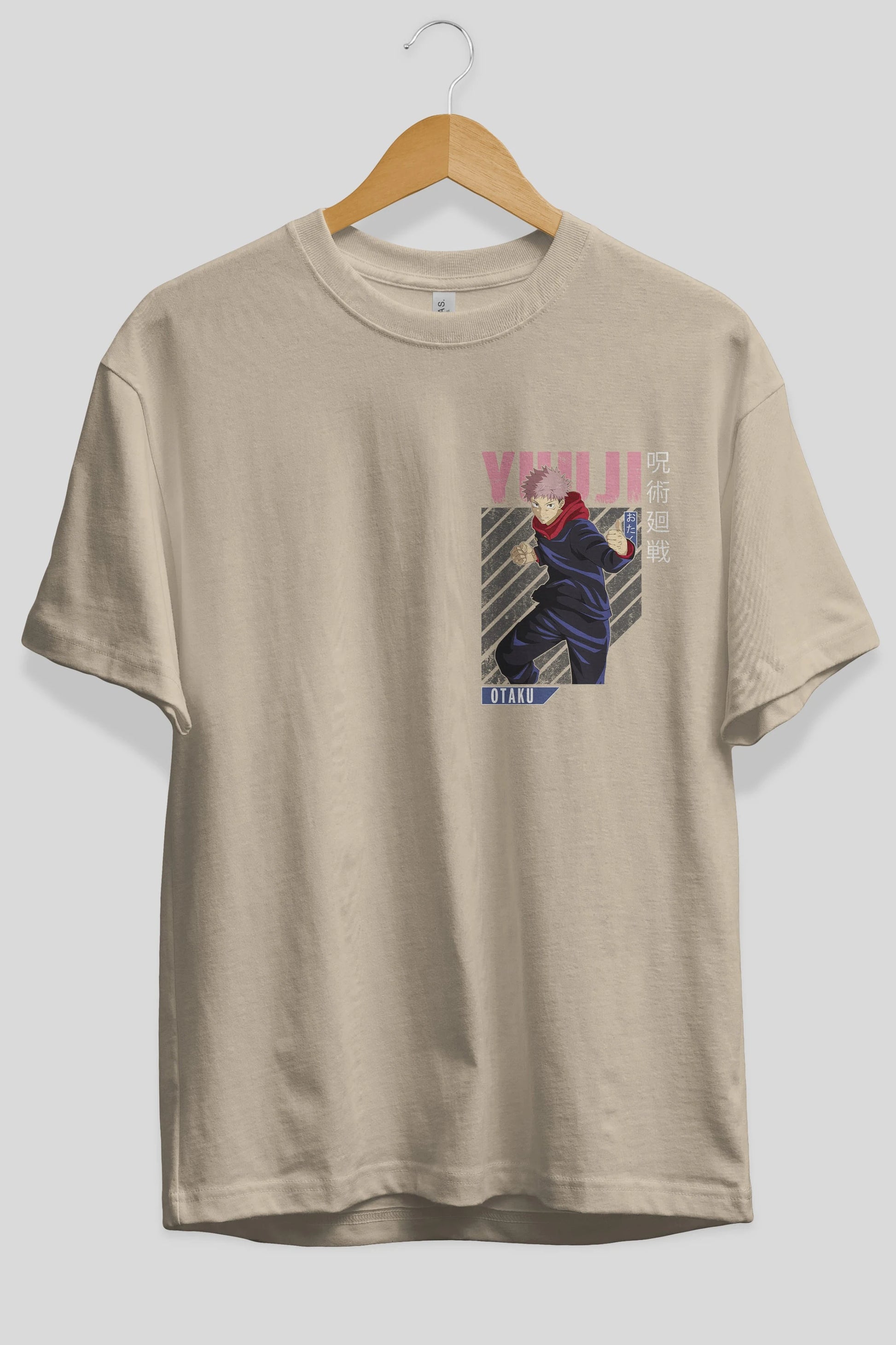 Yuuji Itadori Ön Sol Baskılı Oversize t-shirt Erkek Kadın Unisex %100 Pamuk Bisiklet Yaka tişort