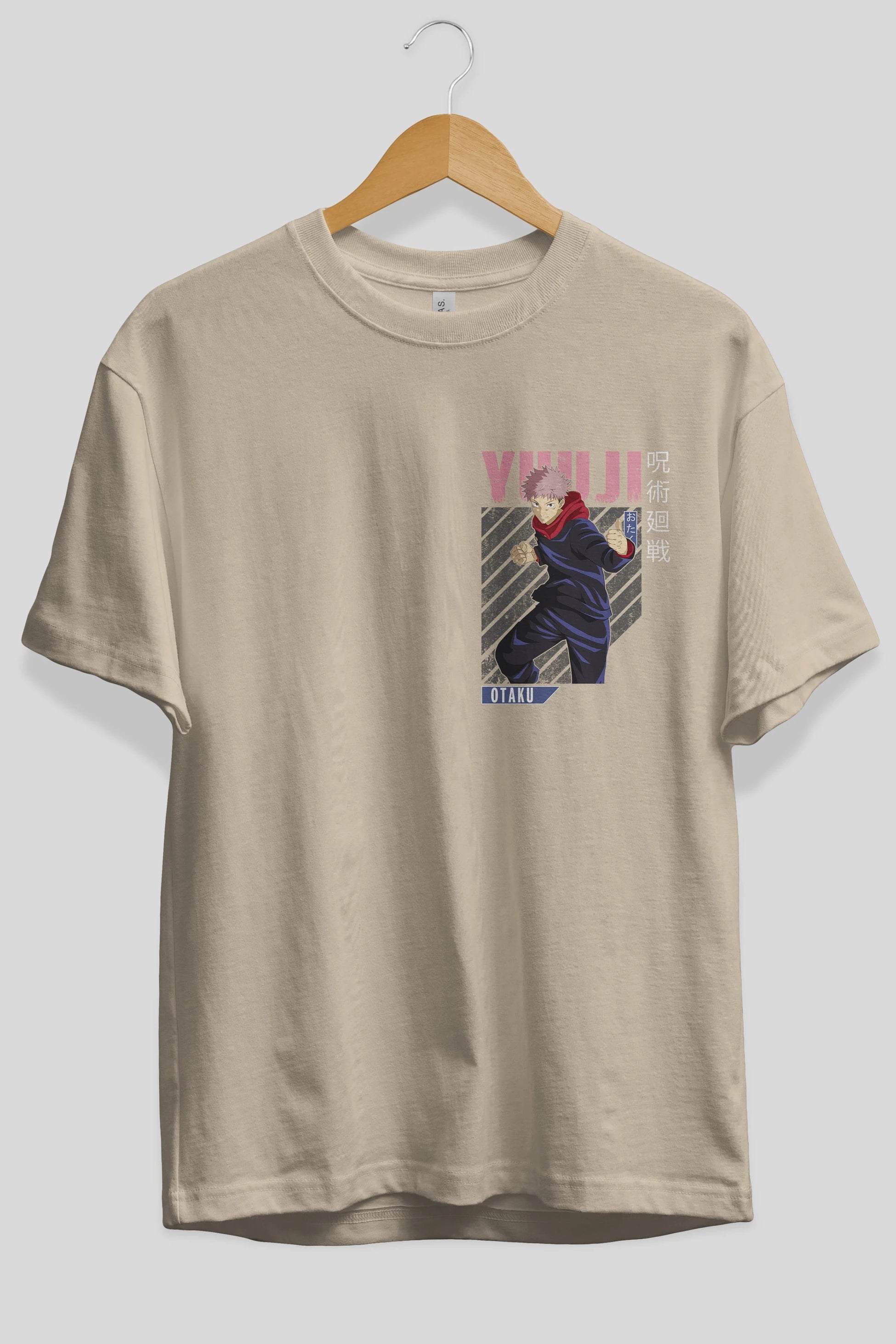 Yuuji Itadori Ön Sol Baskılı Oversize t-shirt Erkek Kadın Unisex %100 Pamuk Bisiklet Yaka tişort