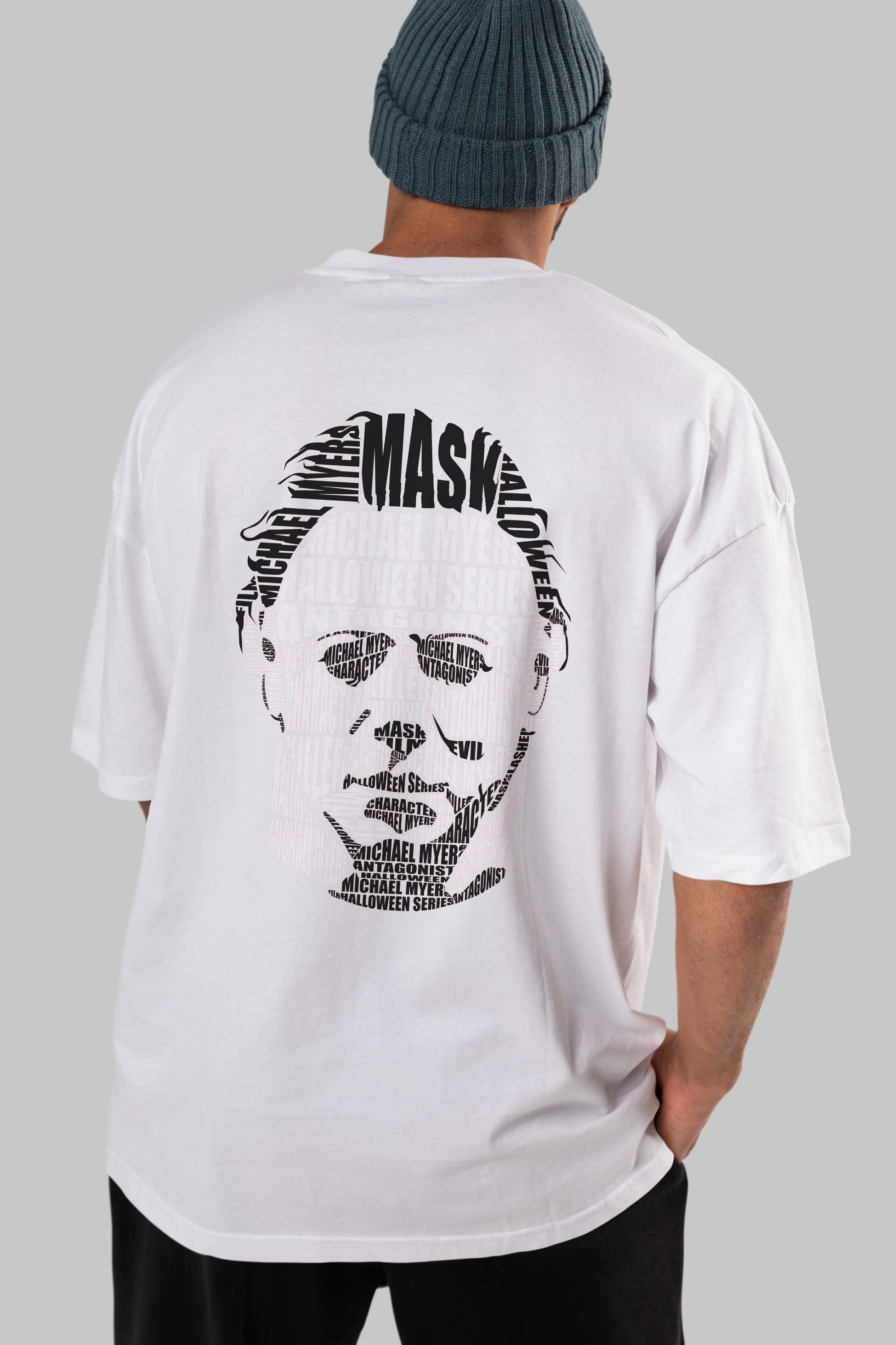 Michael Myers Calligram Arka Baskılı Oversize t-shirt %100 pamuk Erkek Kadın Unisex