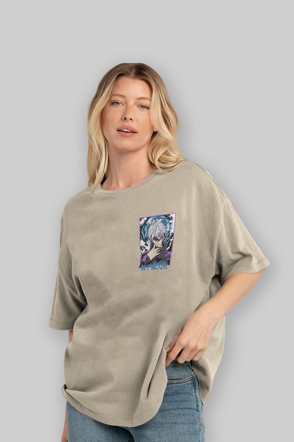 SATORU GOJO 3 Ön Sol Baskılı Oversize t-shirt Erkek Kadın Unisex %100 Pamuk Bisiklet Yaka tişort