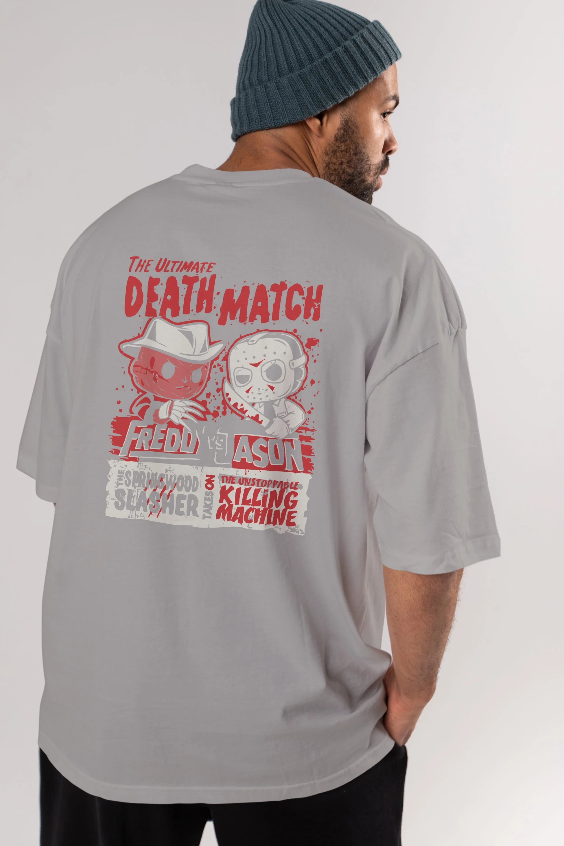 Freddy vs Jason Arka Baskılı Oversize t-shirt Erkek Kadın Unisex %100 Pamuk Bisiklet Yaka tişort