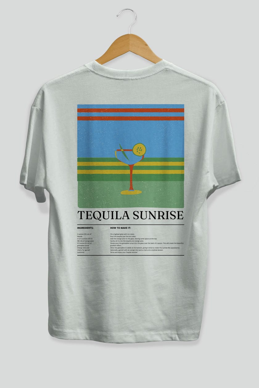 Tequila Sunrise Kokteyl Serisi Arka Baskılı Oversize t-shirt Erkek Kadın %100 Pamuk Bisiklet Yaka tişort